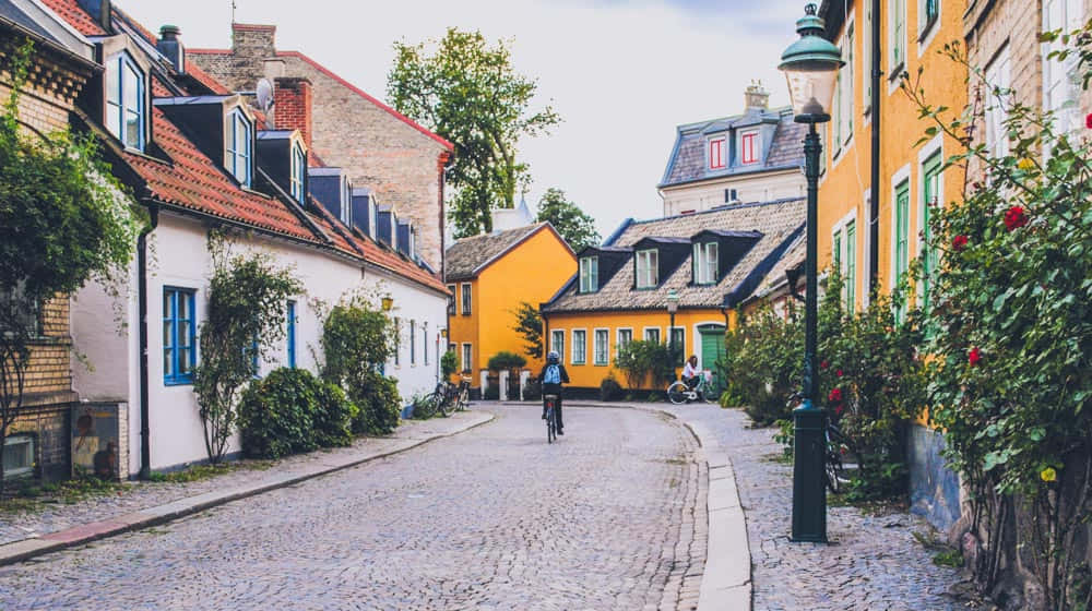 Lund, cobblestone street, colorful European houses, SD Desktop Wallpaper