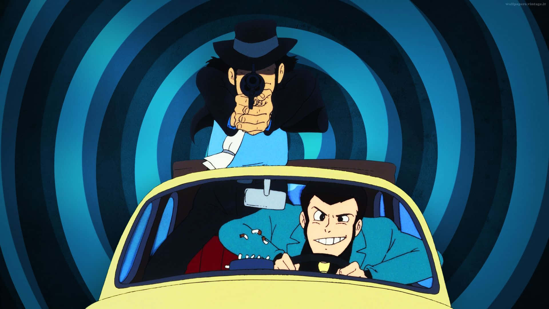 Lupin III, yellow car, masked gunman, Full HD Desktop Wallpaper