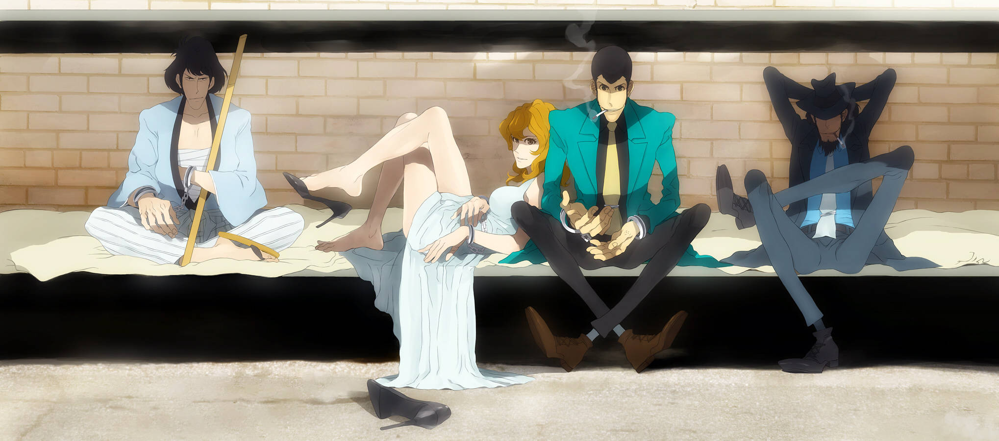 Lupin the third, anime characters, brick wall, Full HD Desktop Wallpaper