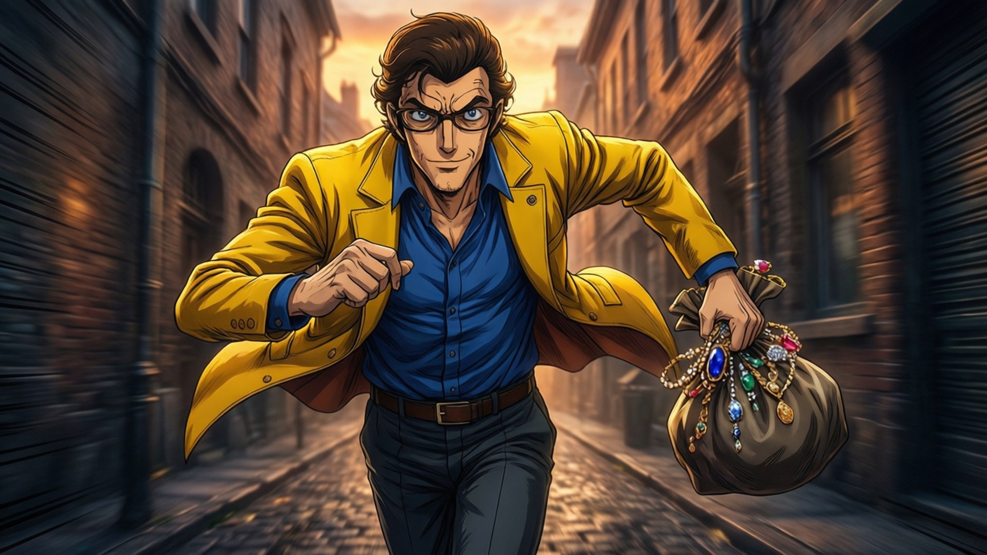 Lupin the Third, yellow jacket, cobblestone alley, Full HD Desktop Wallpaper