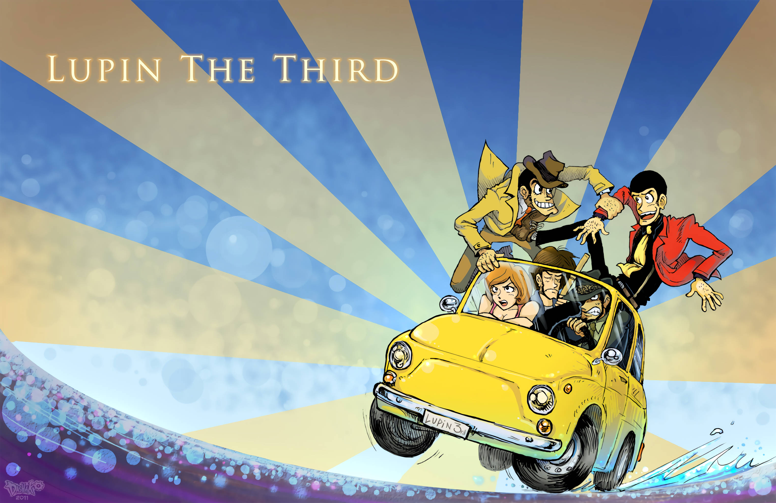 Lupin the Third, yellow vintage car, stylized sky, 2K Desktop Wallpaper