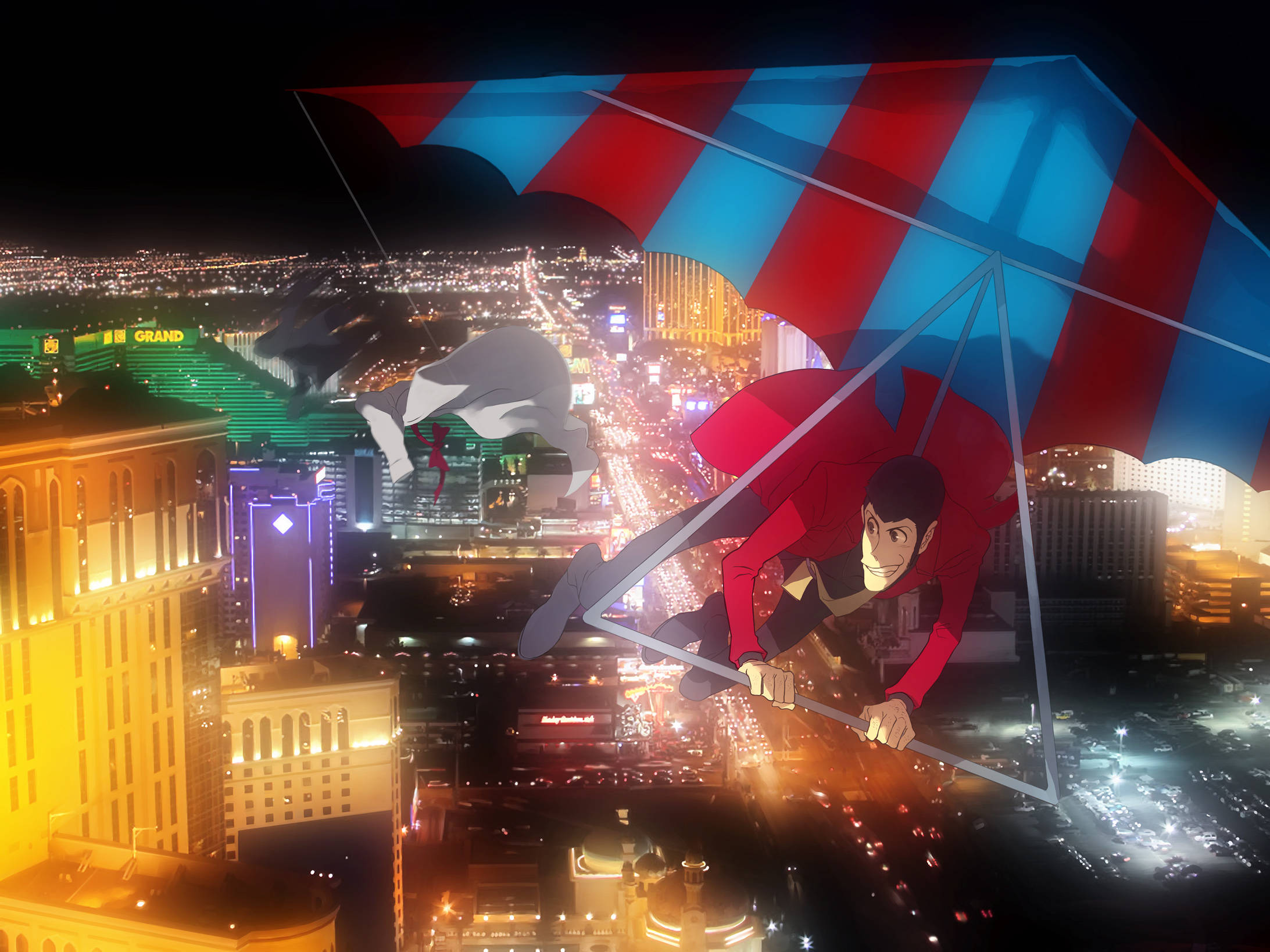 Lupin the Third, red-suited, neon-lit Las Vegas skyline, Full HD Desktop Wallpaper