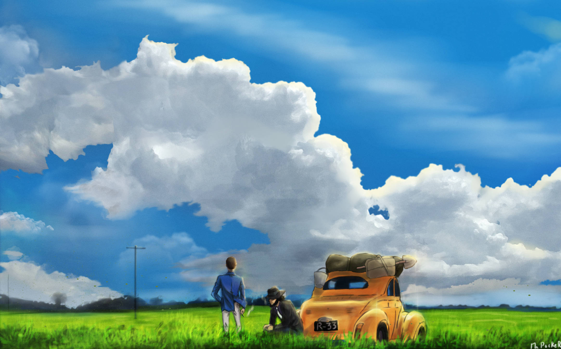 Lupin the third, vintage orange car, green field, Full HD Desktop Wallpaper