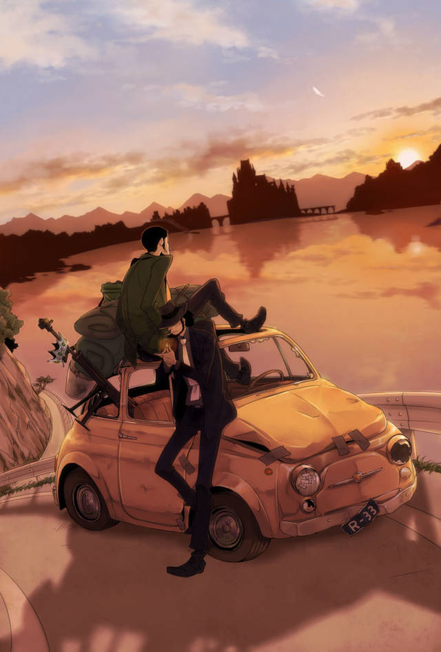 Lupin the Third, vintage car, river, SD Phone Wallpaper