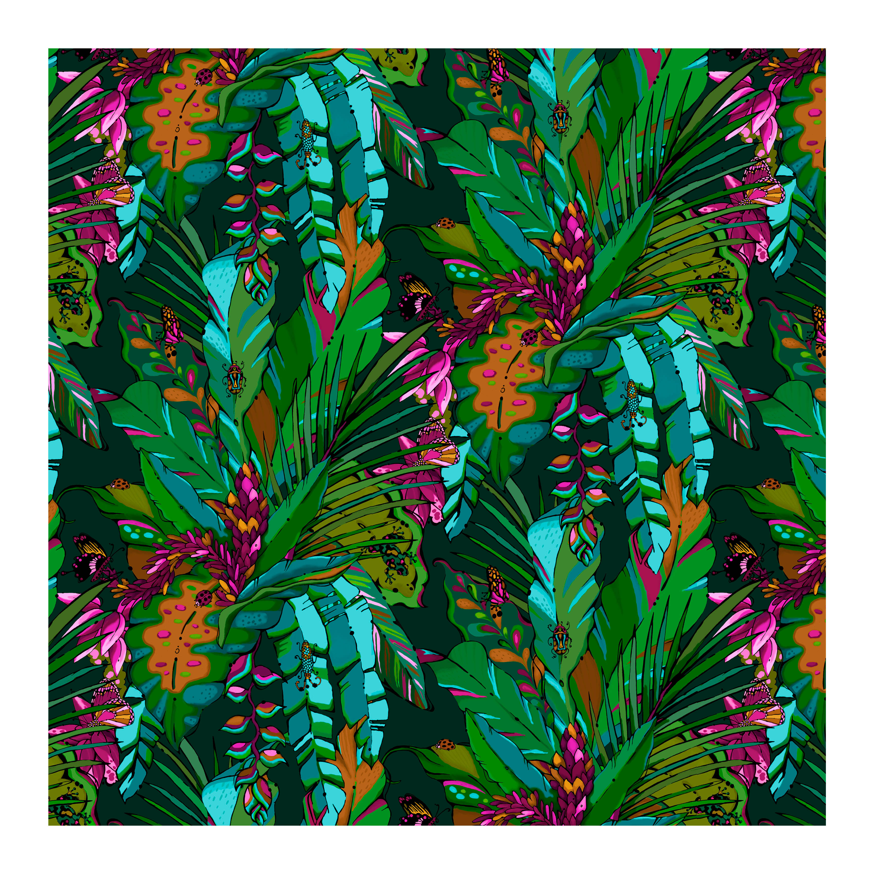 lush green leaf, neon pink flowers, teal leaves, 2K Desktop Wallpaper