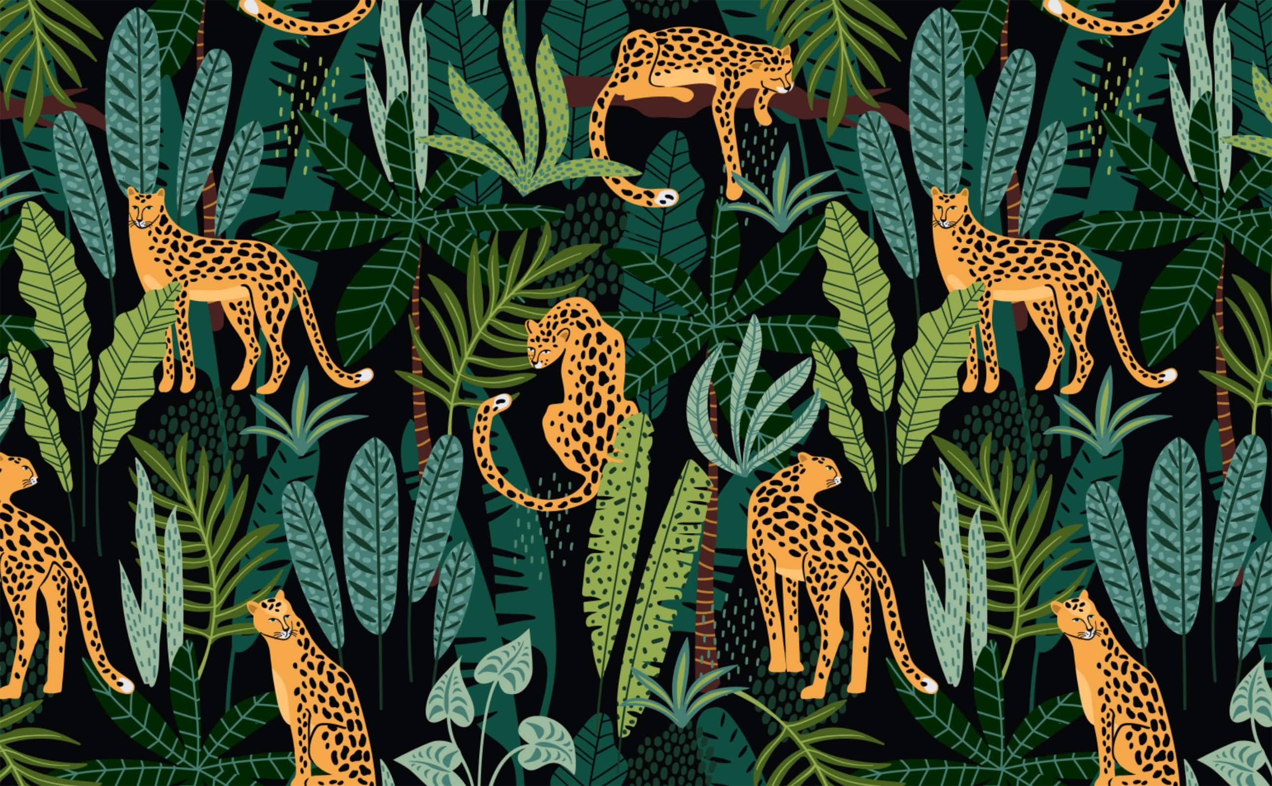 lush leaves, cheetah pattern, vibrant orange leopards, 2K Desktop Wallpaper