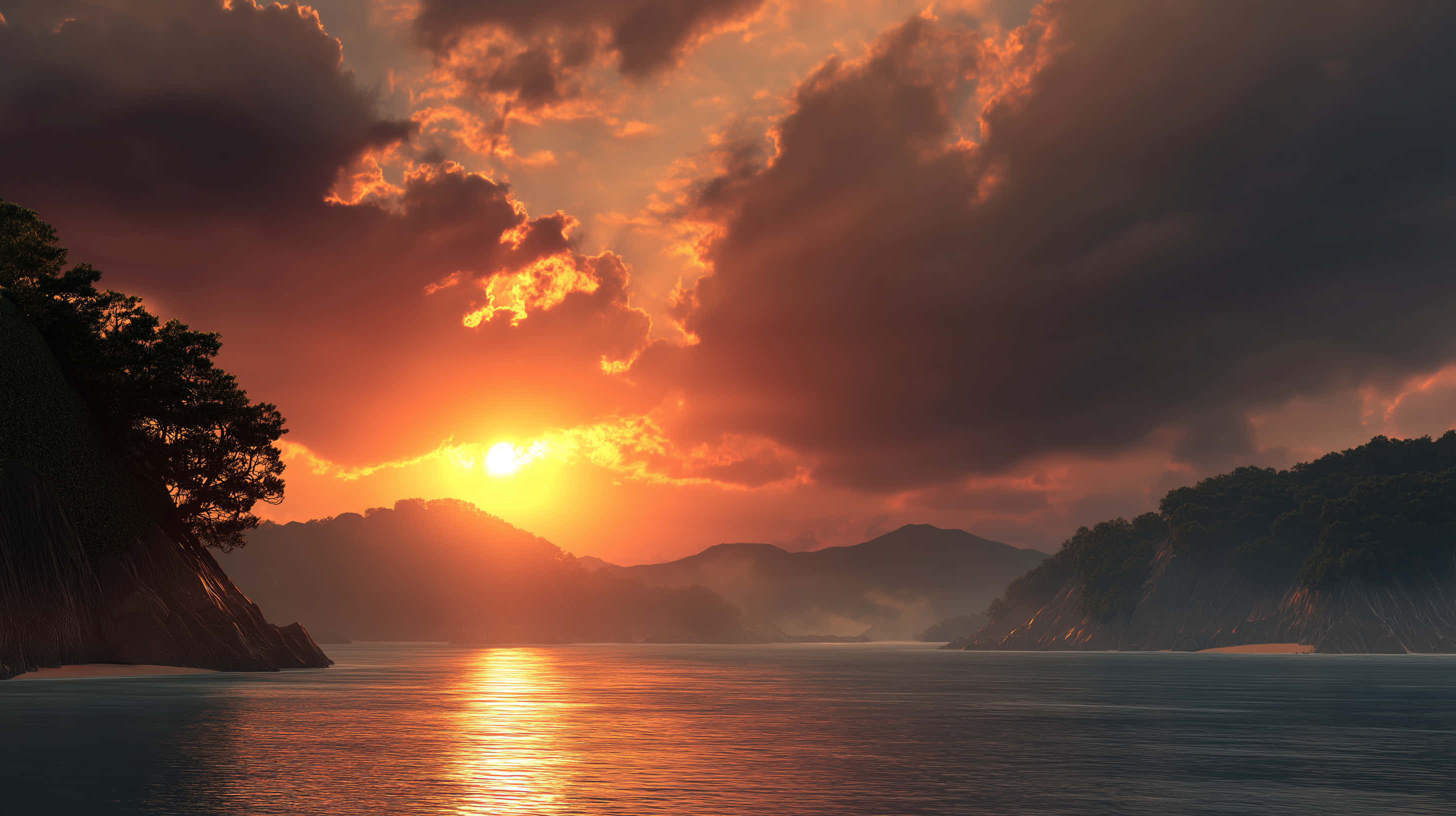 tropical dawn, sun-kissed sea, lush mountains, 2K Desktop Wallpaper