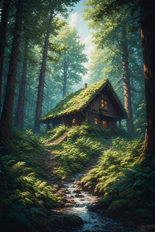 cozy wooden cabin, mossy roof, sunlit forest, SD Phone Wallpaper