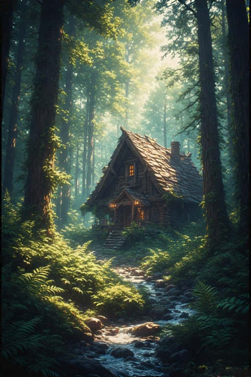 cozy cabin, lush mossy forest, sunlit forest, SD Phone Wallpaper