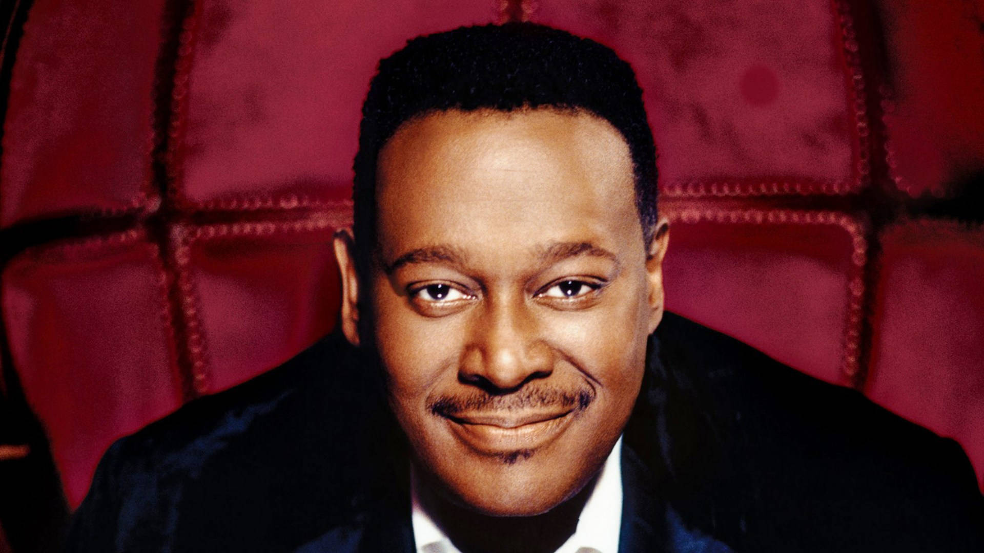 Luther Vandross, dark suit, rich red velvet background, Full HD Desktop Wallpaper