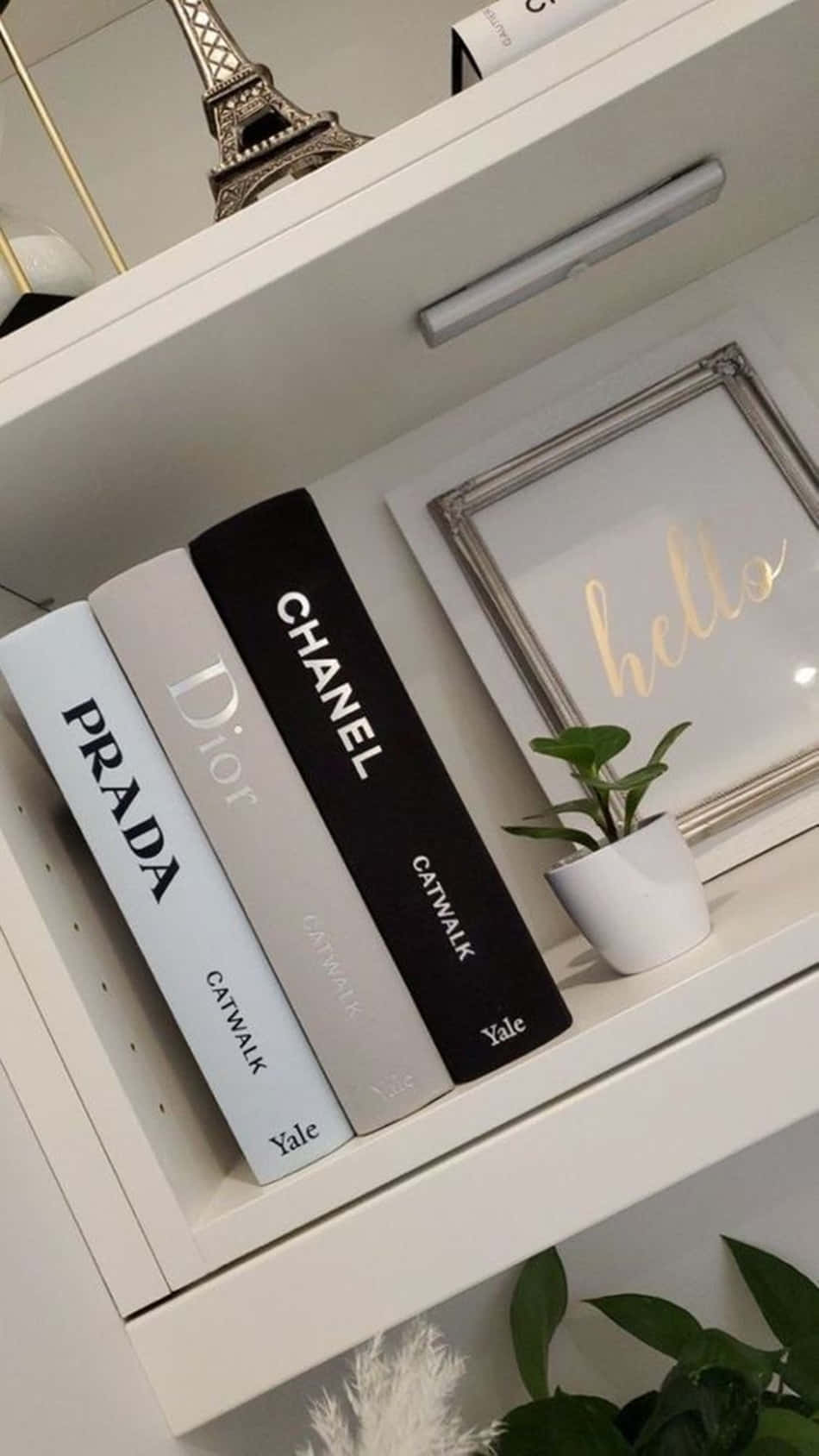 luxury brand books, miniature Eiffel Tower, potted plant, HD Phone Wallpaper