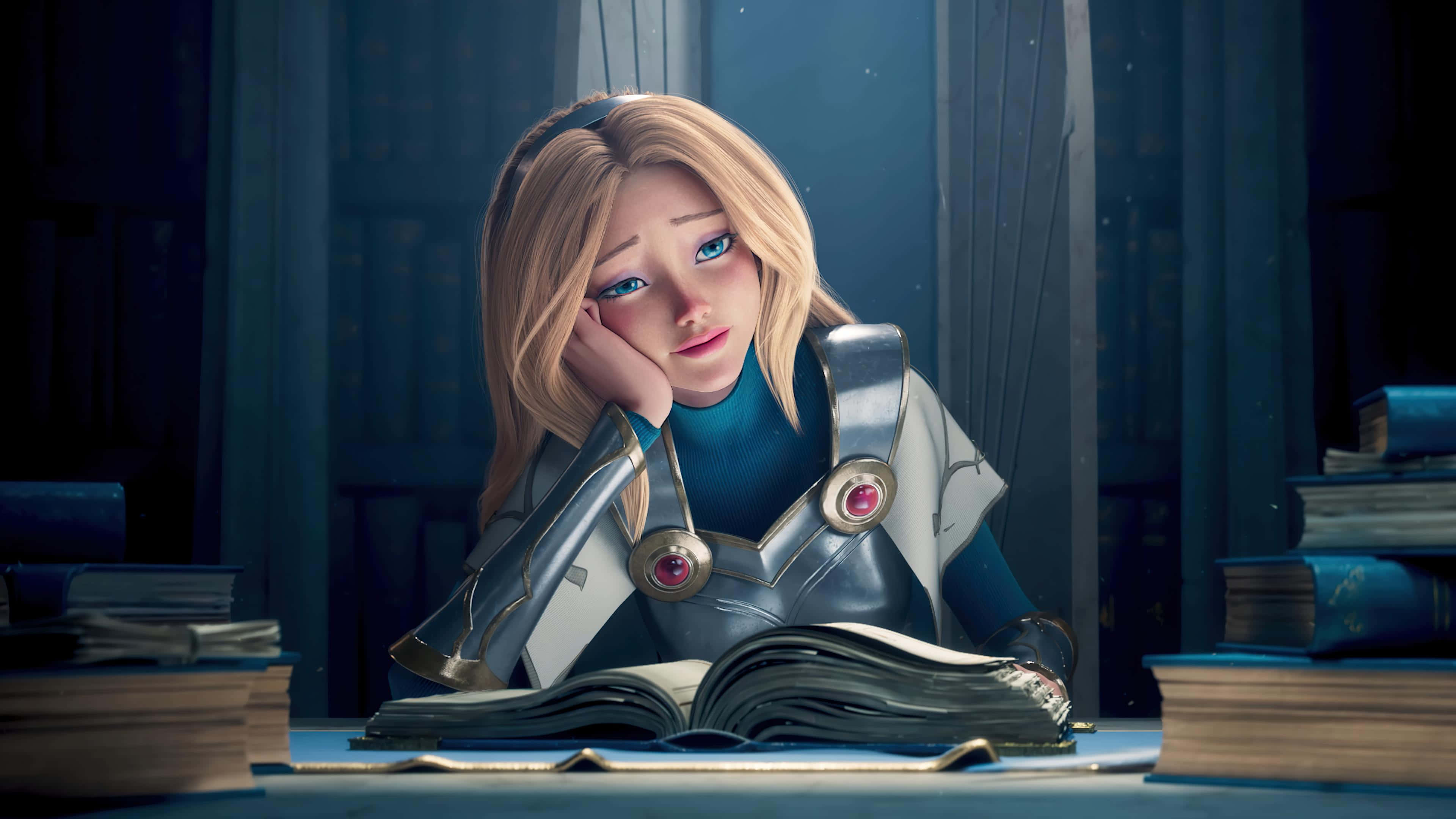 blonde anime girl, silver armor, open book, 4K Desktop Wallpaper