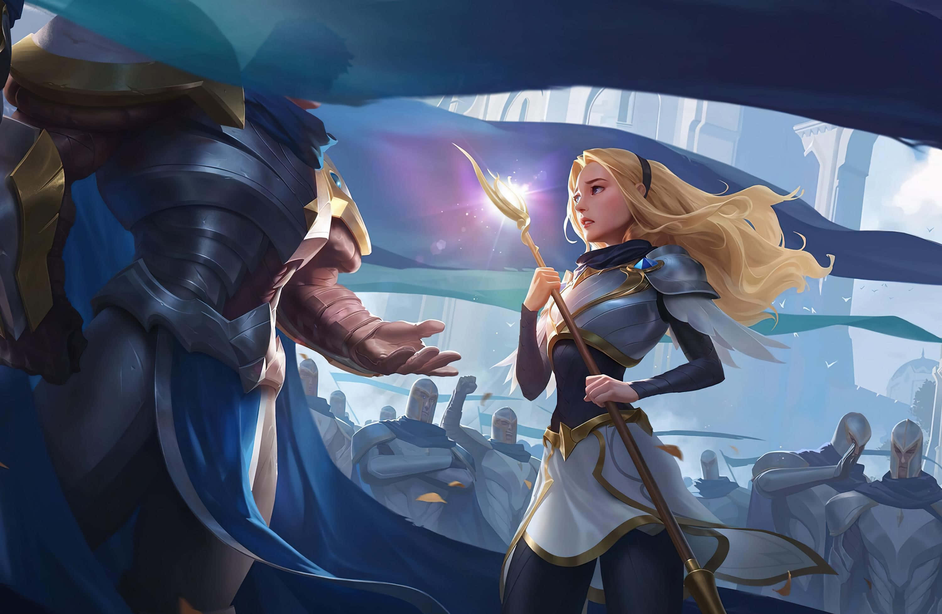 Lux, blonde warrior woman, silver armor, 2K Desktop Wallpaper