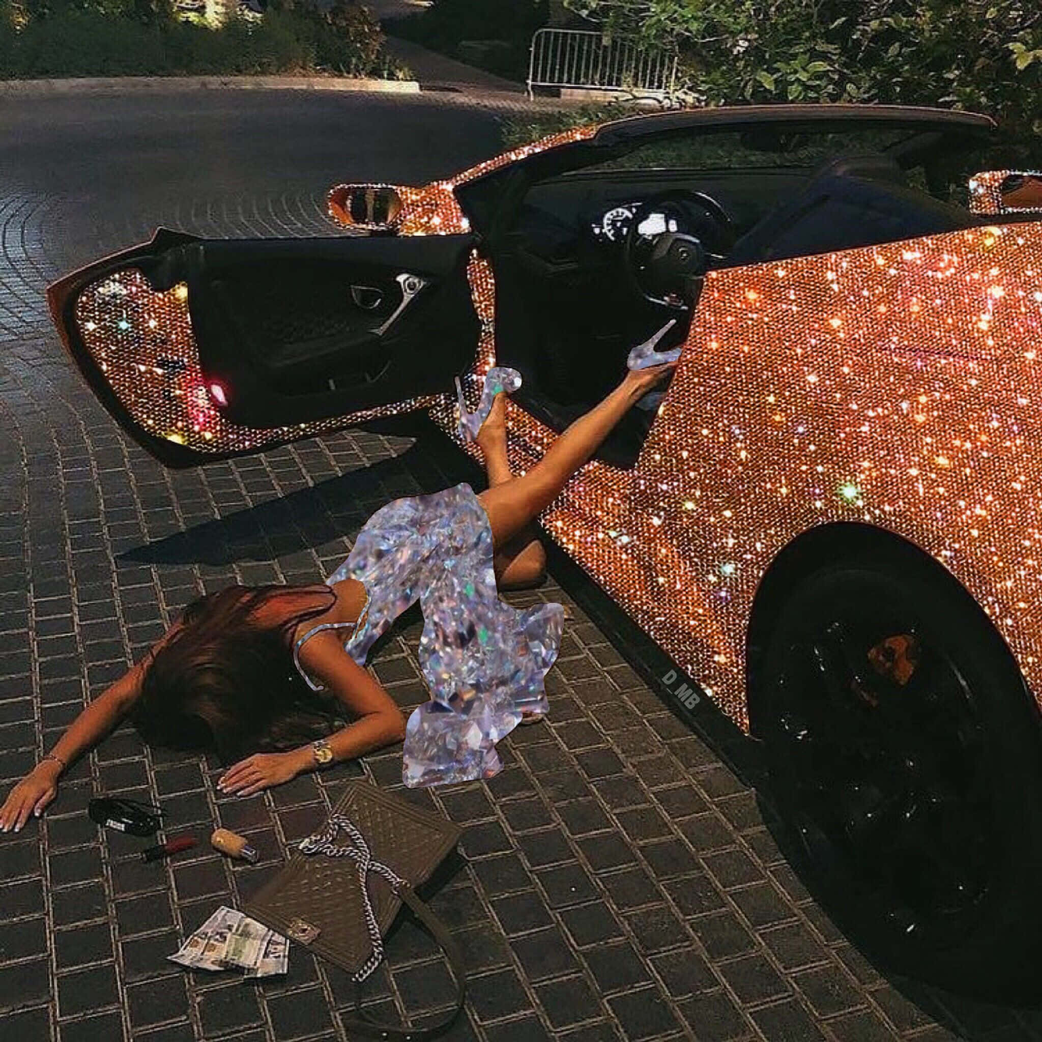 boujee aesthetic, shimmering dress, glitter-covered convertible car, Full HD Desktop Wallpaper