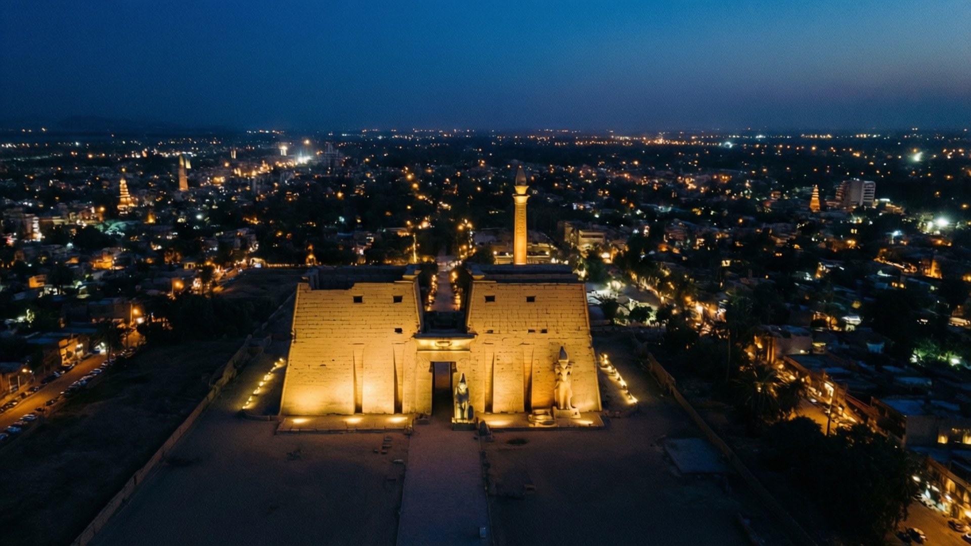 Luxor Temple, twilight, aerial shot, Full HD Desktop Wallpaper