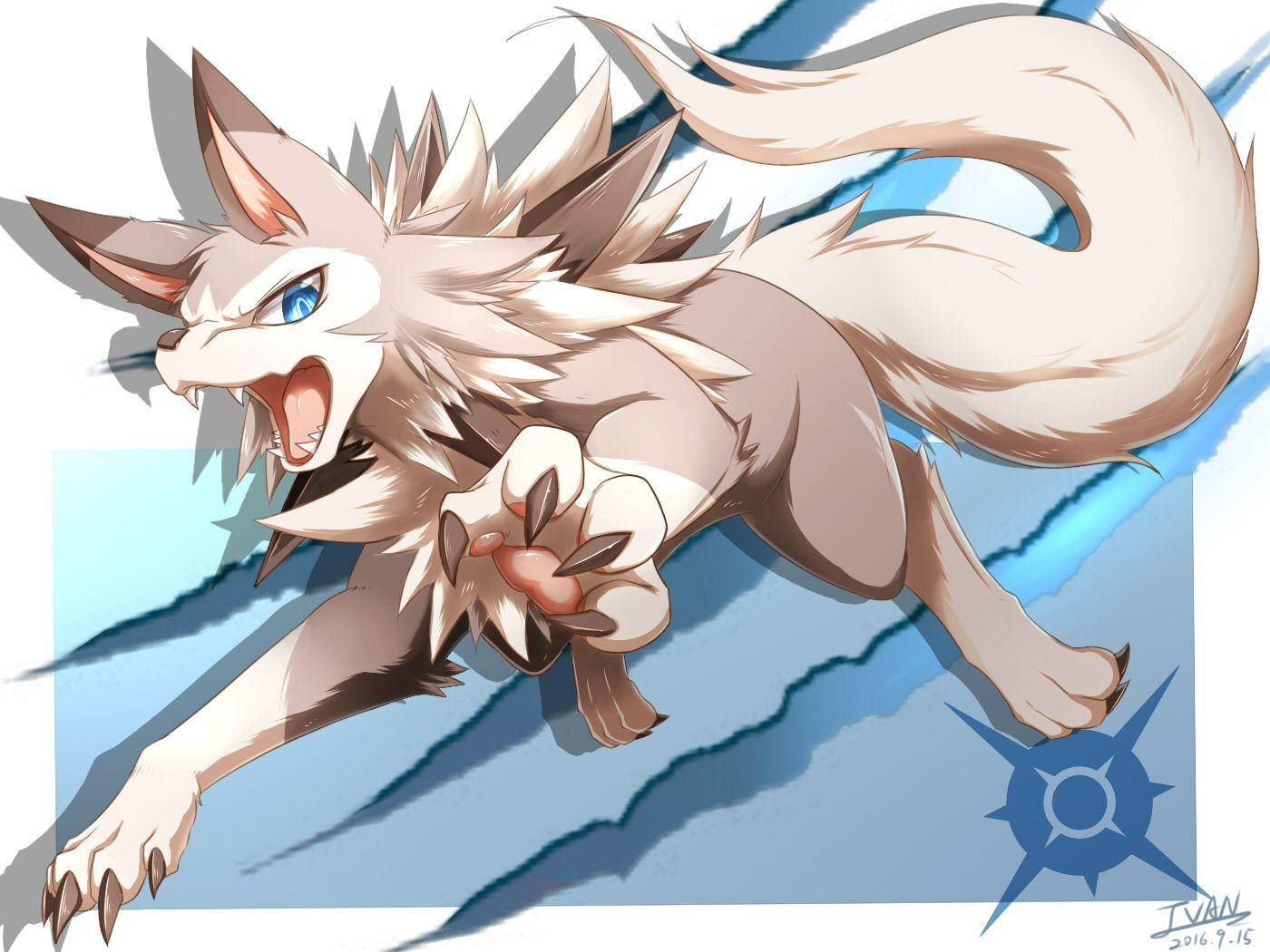 Lycanroc, white fox-like creature, blue eyes, HD Desktop Wallpaper