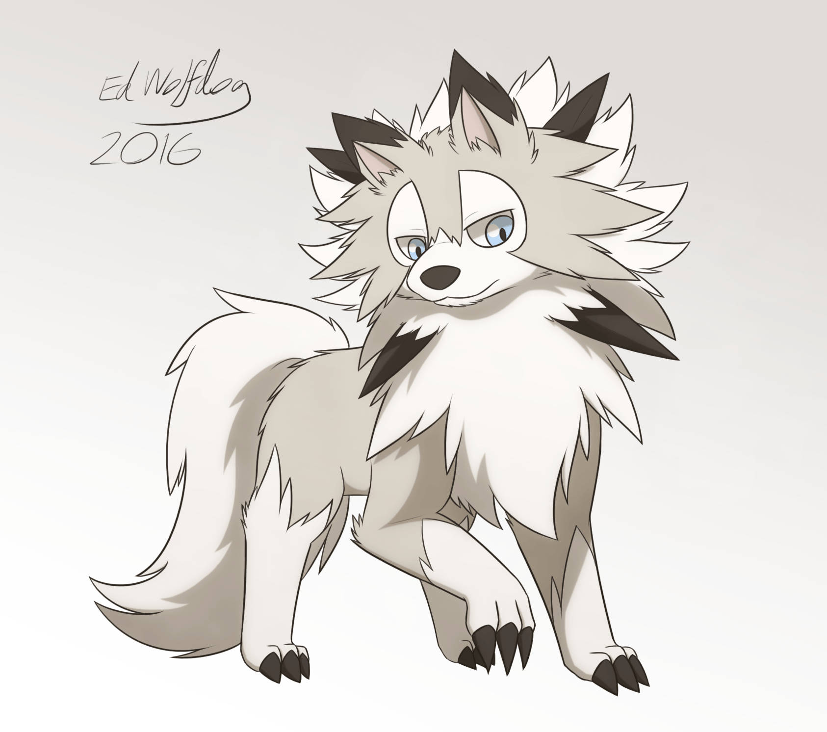 Fluffy Lycanroc, gray and white, blue eyes, HD Desktop Wallpaper