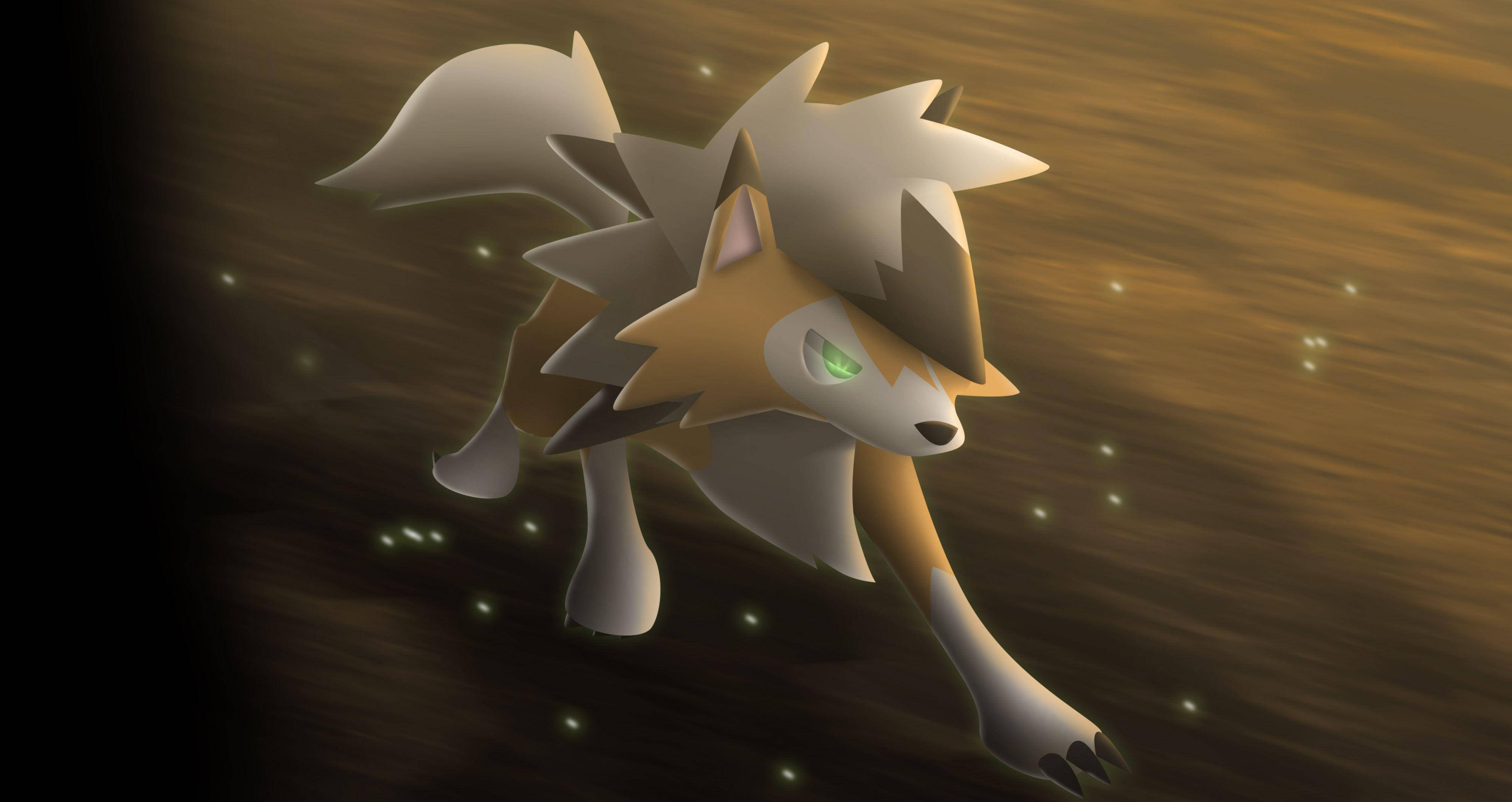 Glowing Dusk Lycanroc, glowing green eyes, golden-brown tunnel, 4K Desktop Wallpaper