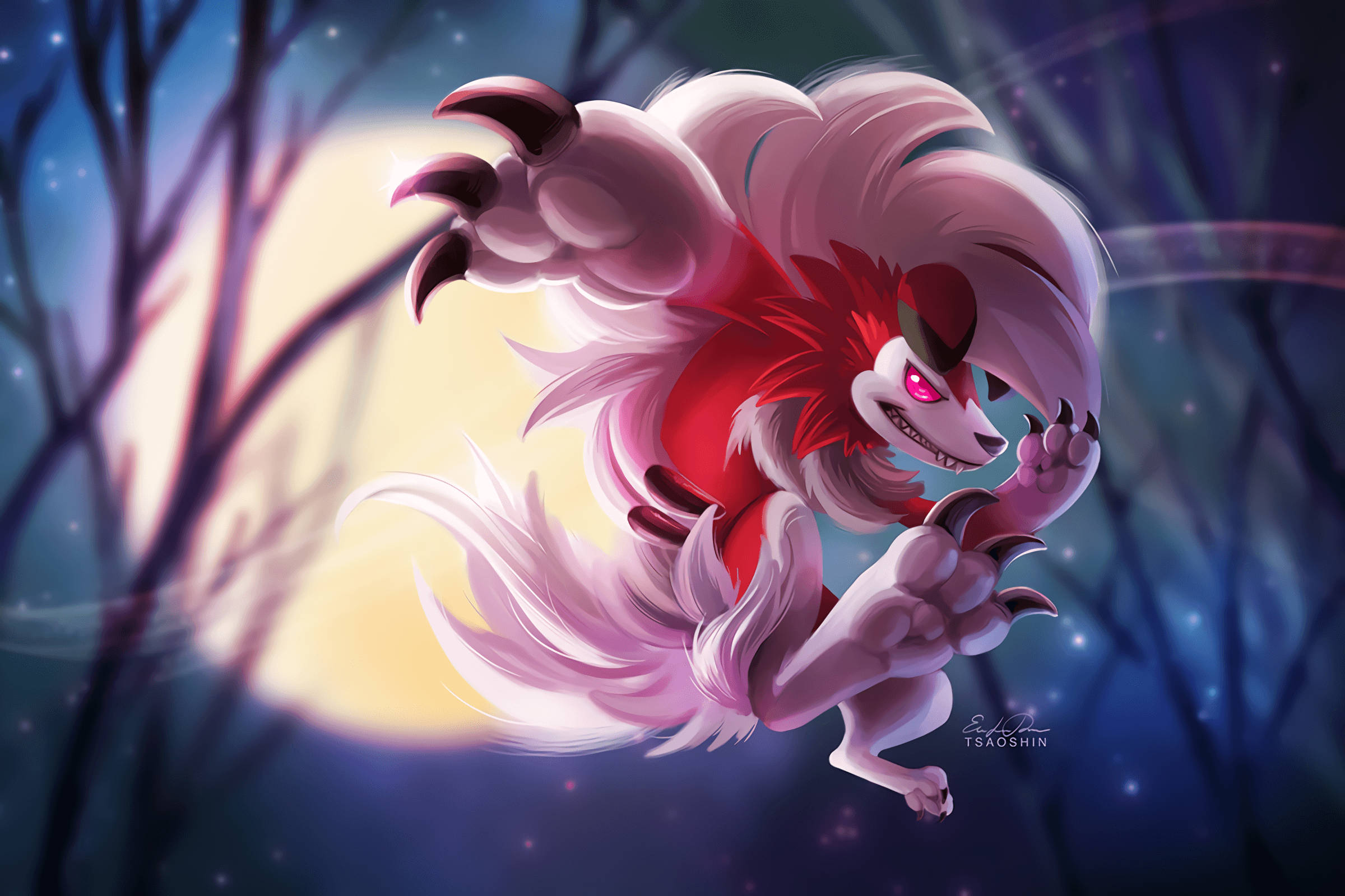 Lycanroc, midnight red eyes, starry night sky, Full HD Desktop Wallpaper