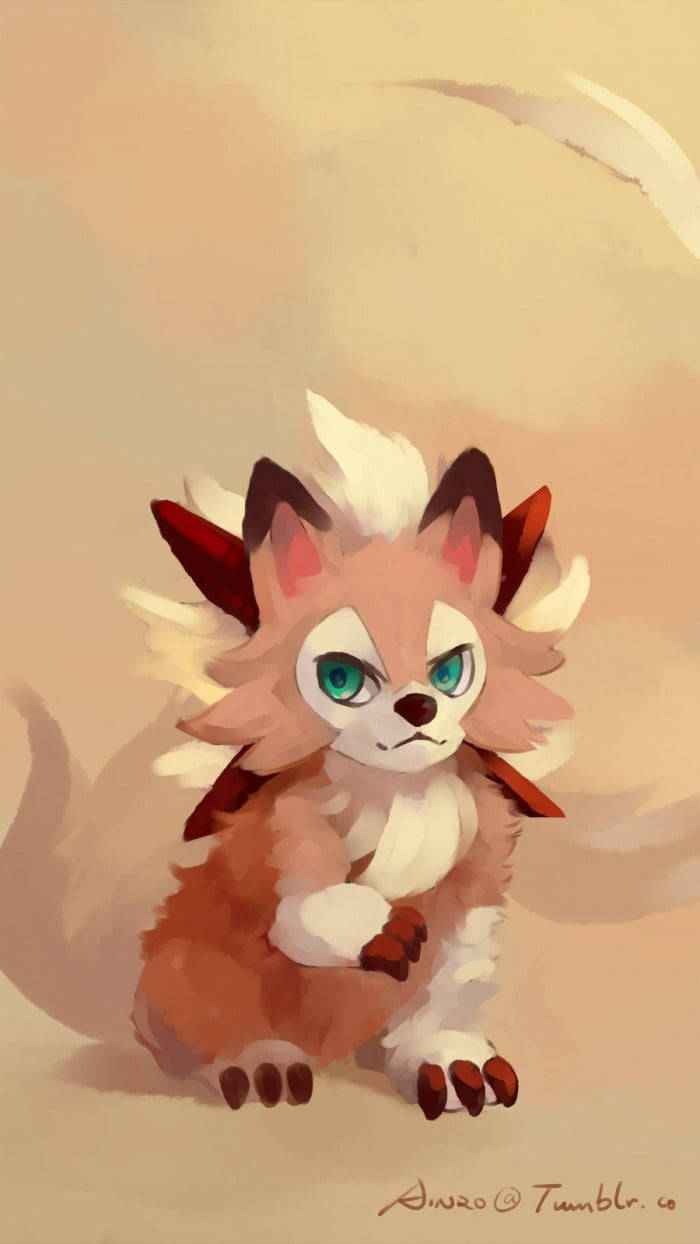 Lycanroc, green eyes, red-tipped ears, SD Phone Wallpaper