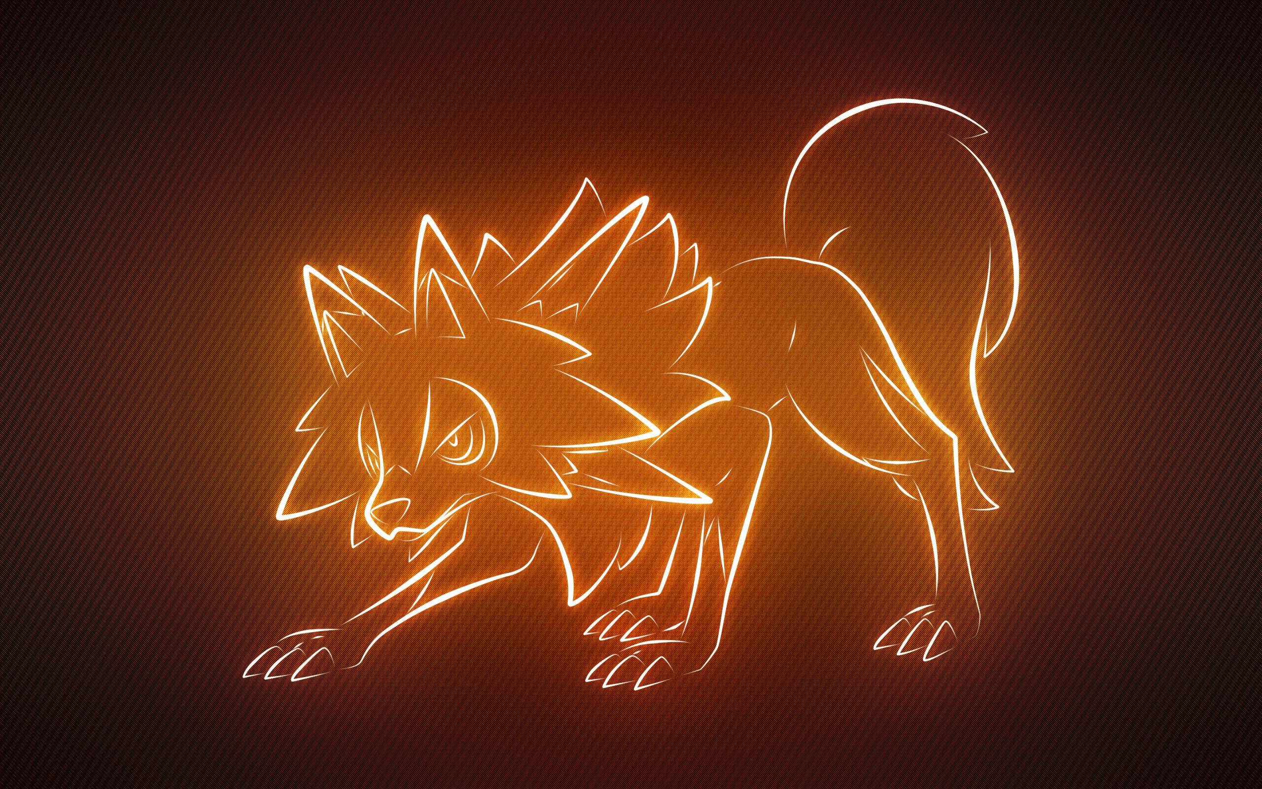 Yellow Lycanroc, neon orange, fox silhouette, 2K Desktop Wallpaper