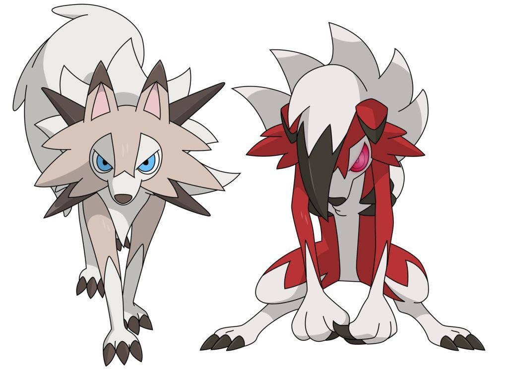 Lycanroc, gray with blue eyes, red and black with pink eyes, SD Desktop Wallpaper