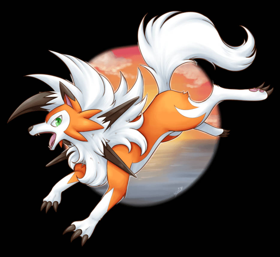 Dusk Lycanroc, orange and white fur, glowing sunset backdrop, SD Desktop Wallpaper