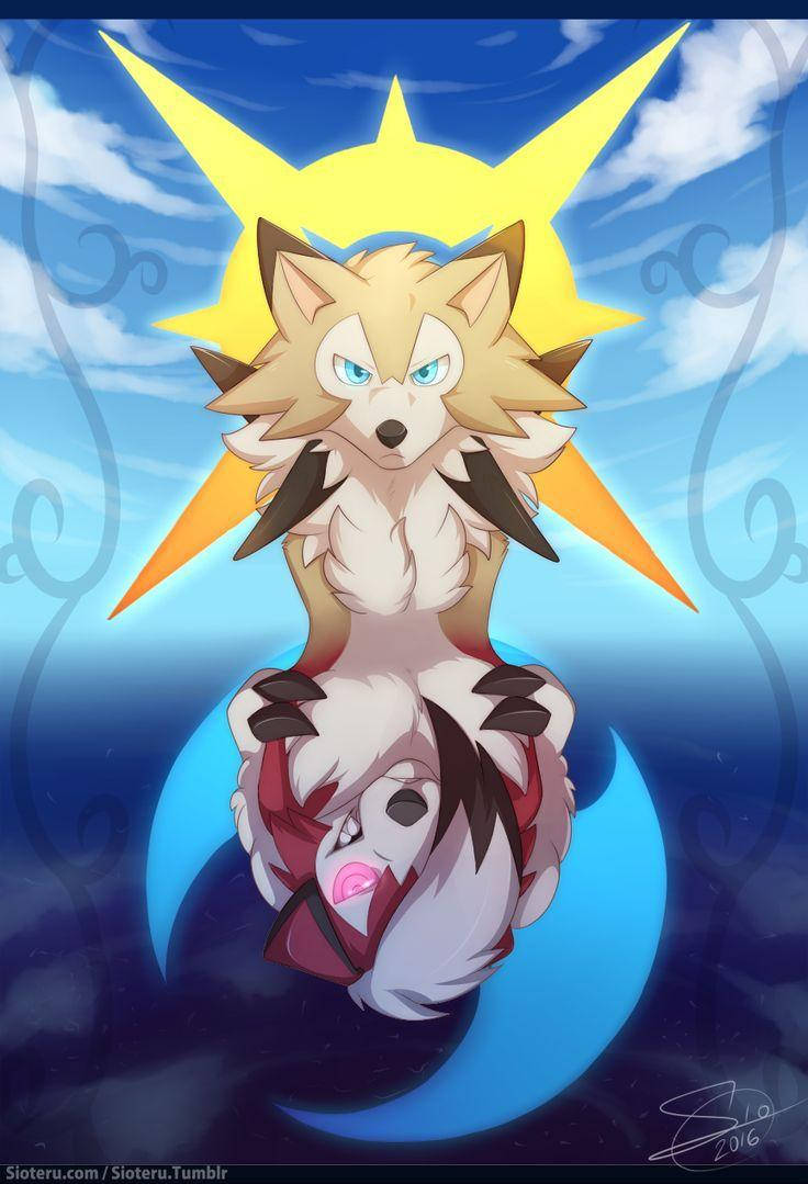 Lycanroc, two forms, glowing blue eyes, SD Phone Wallpaper