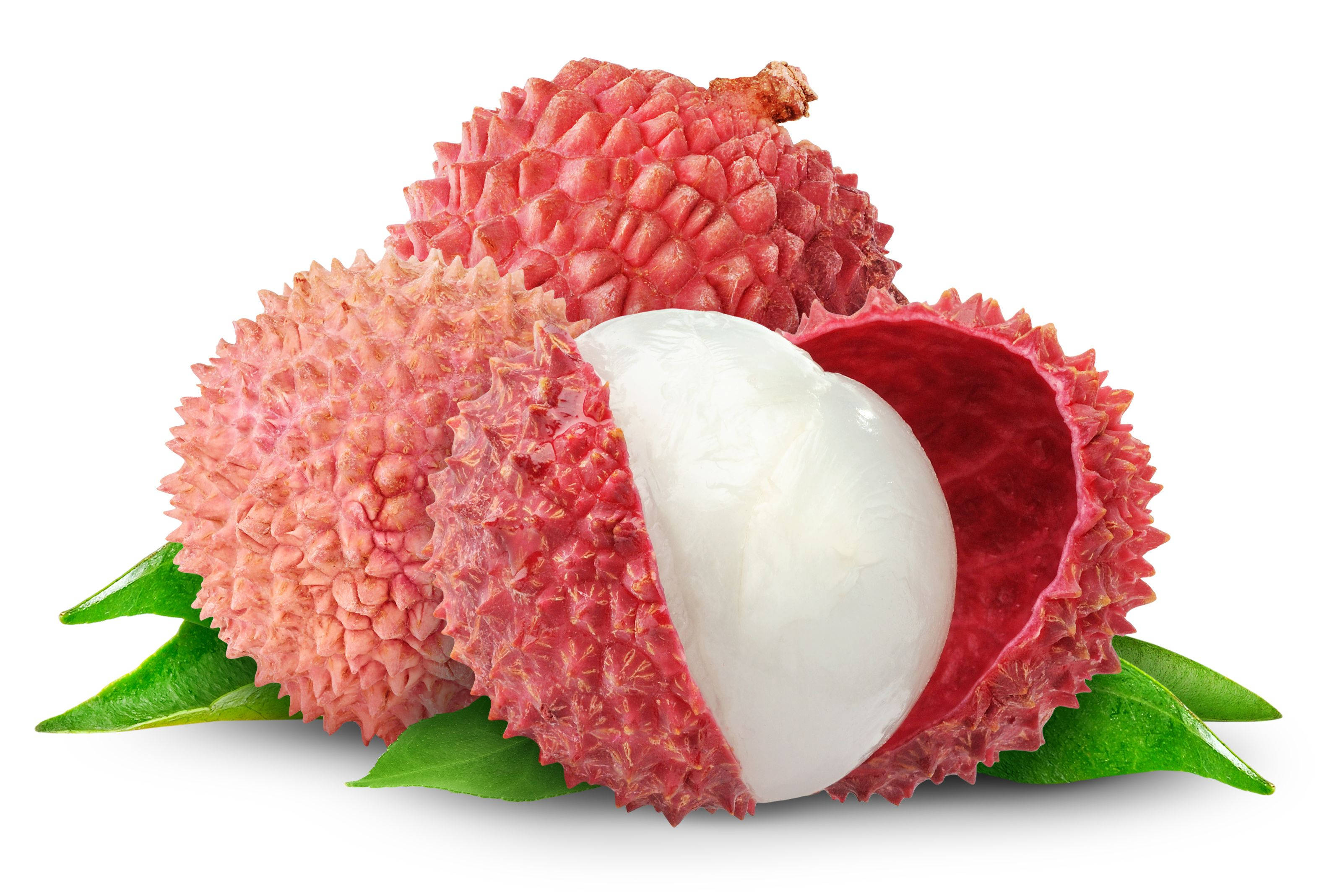 open red lychee fruits, spiky pink shells, translucent white flesh, 2K Desktop Wallpaper