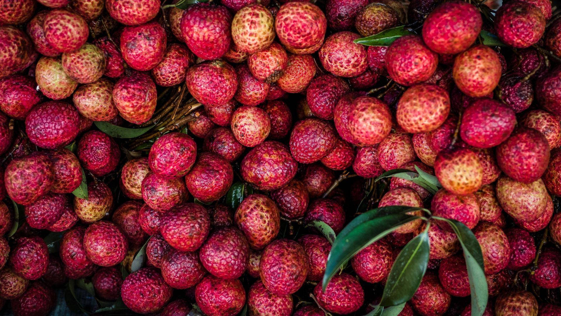 pink lychees, tropical fruit, ripe red lychees, Full HD Desktop Wallpaper