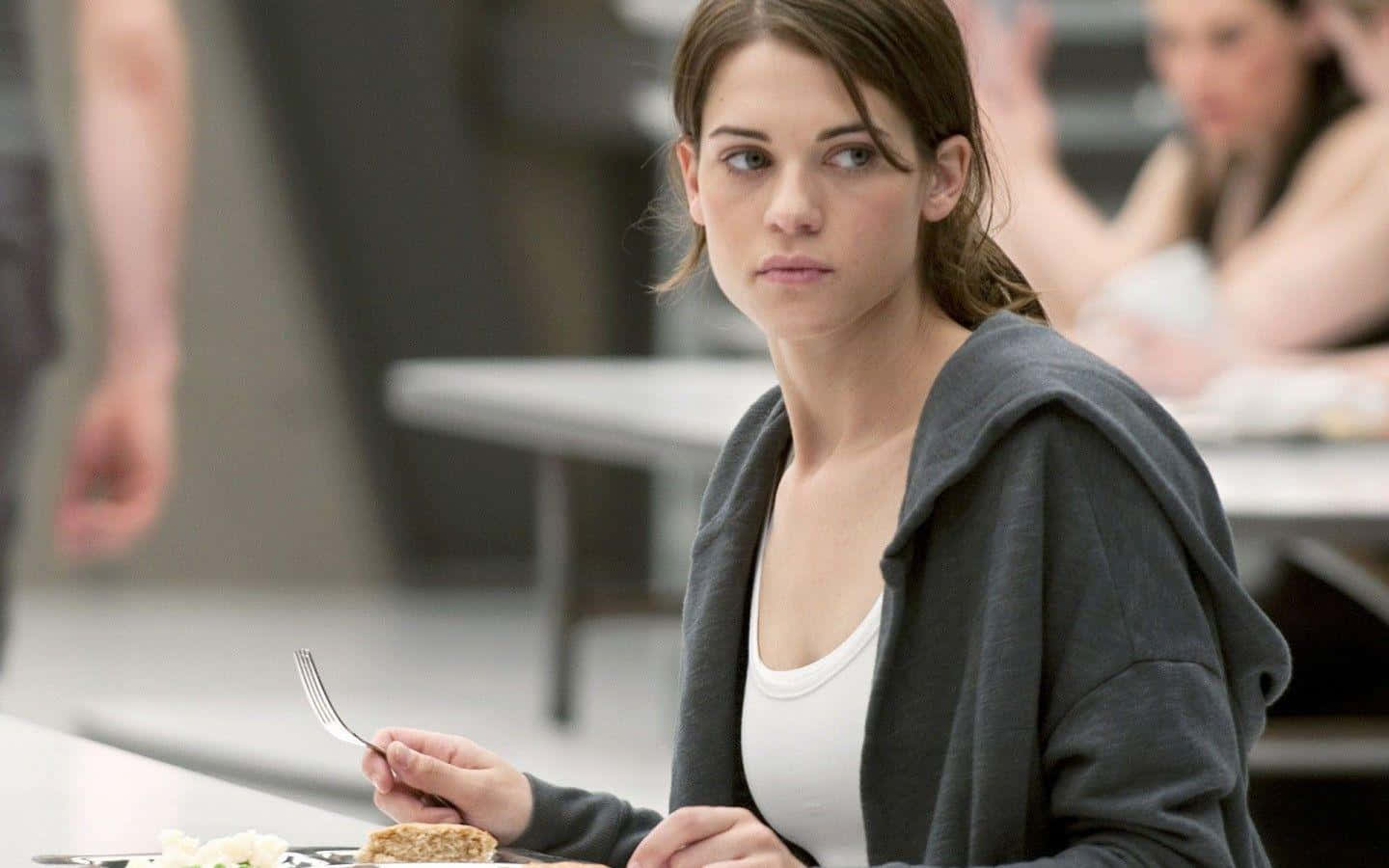 Lyndsy Fonseca, gray hoodie, cafeteria table, HD Desktop Wallpaper