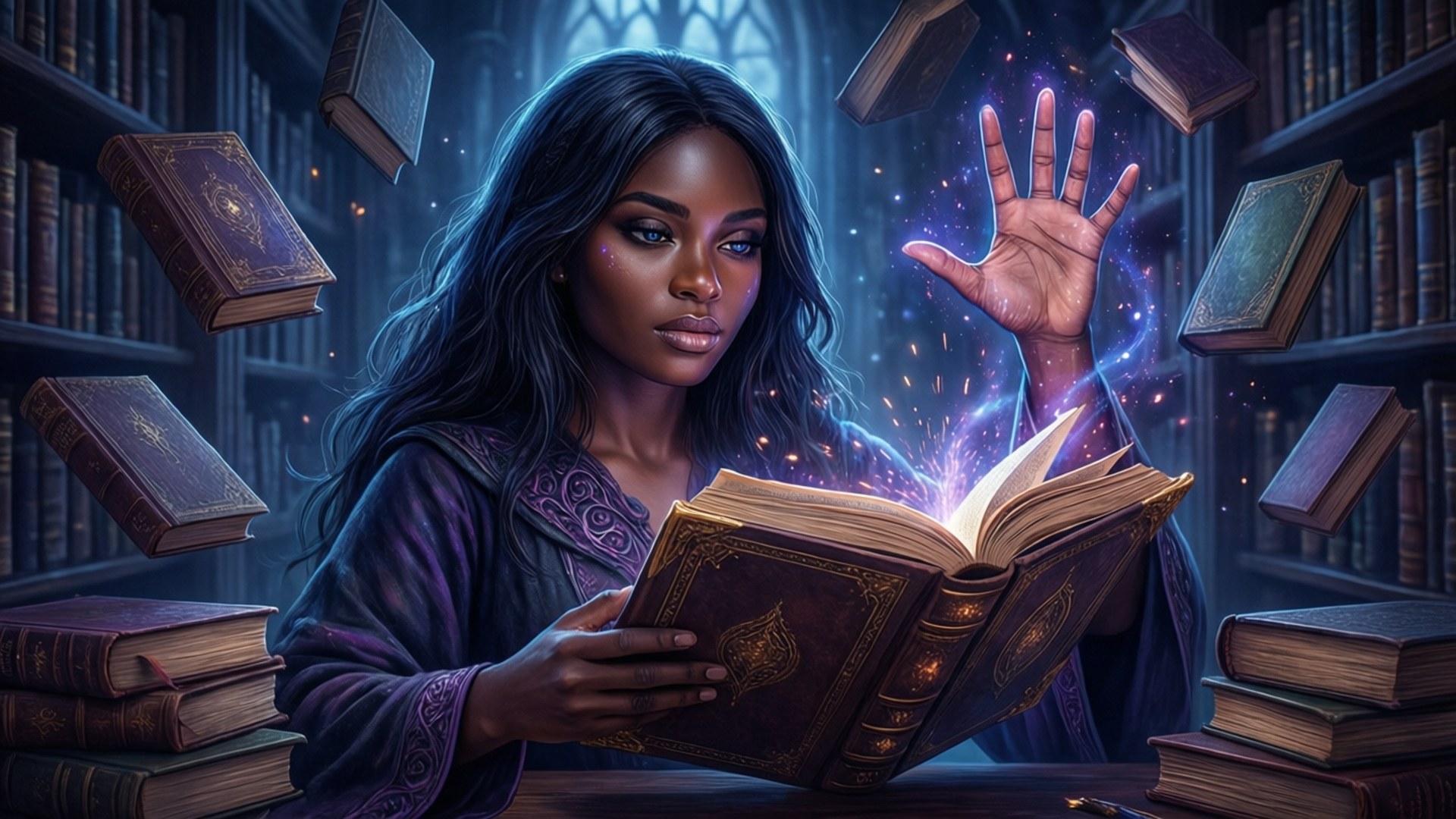 Lyney, floating books, magical energy, Full HD Desktop Wallpaper