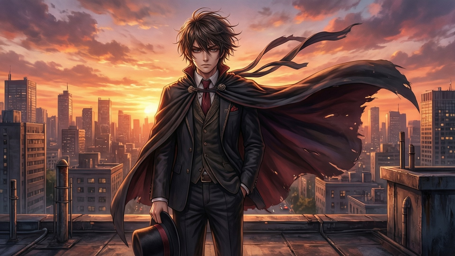 Lyney, sunset, rooftop, Full HD Desktop Wallpaper