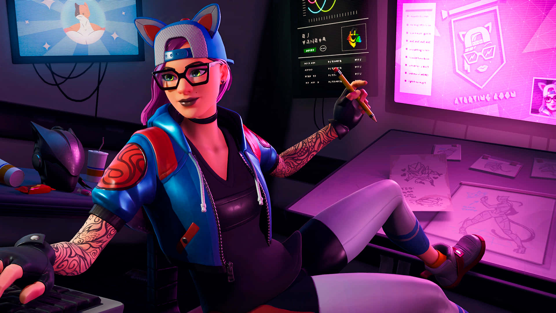 Lynx Fortnite, cat ears, glowing purple desk, Full HD Desktop Wallpaper