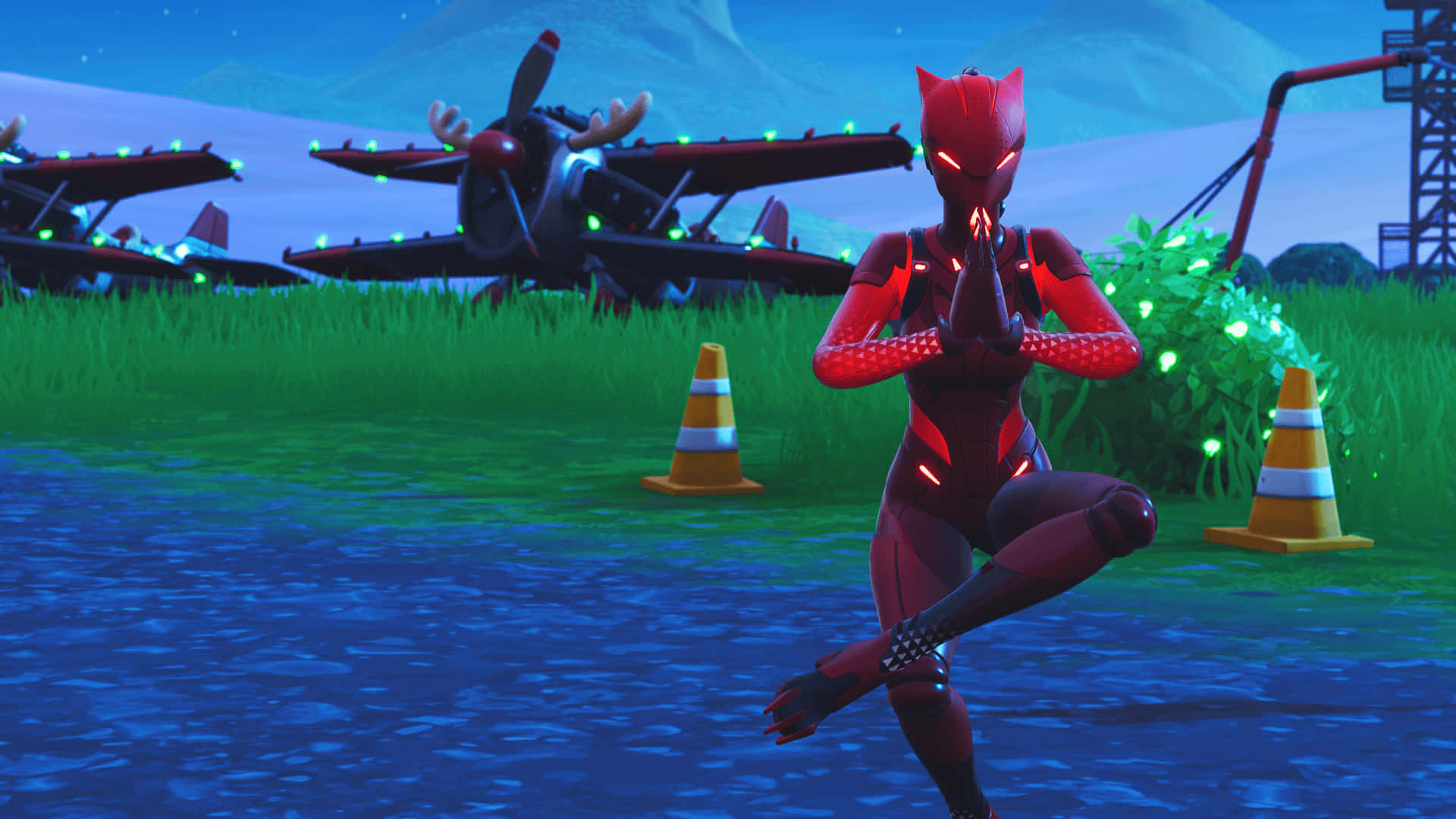 Lynx Fortnite, red armored character, yoga pose, Full HD Desktop Wallpaper