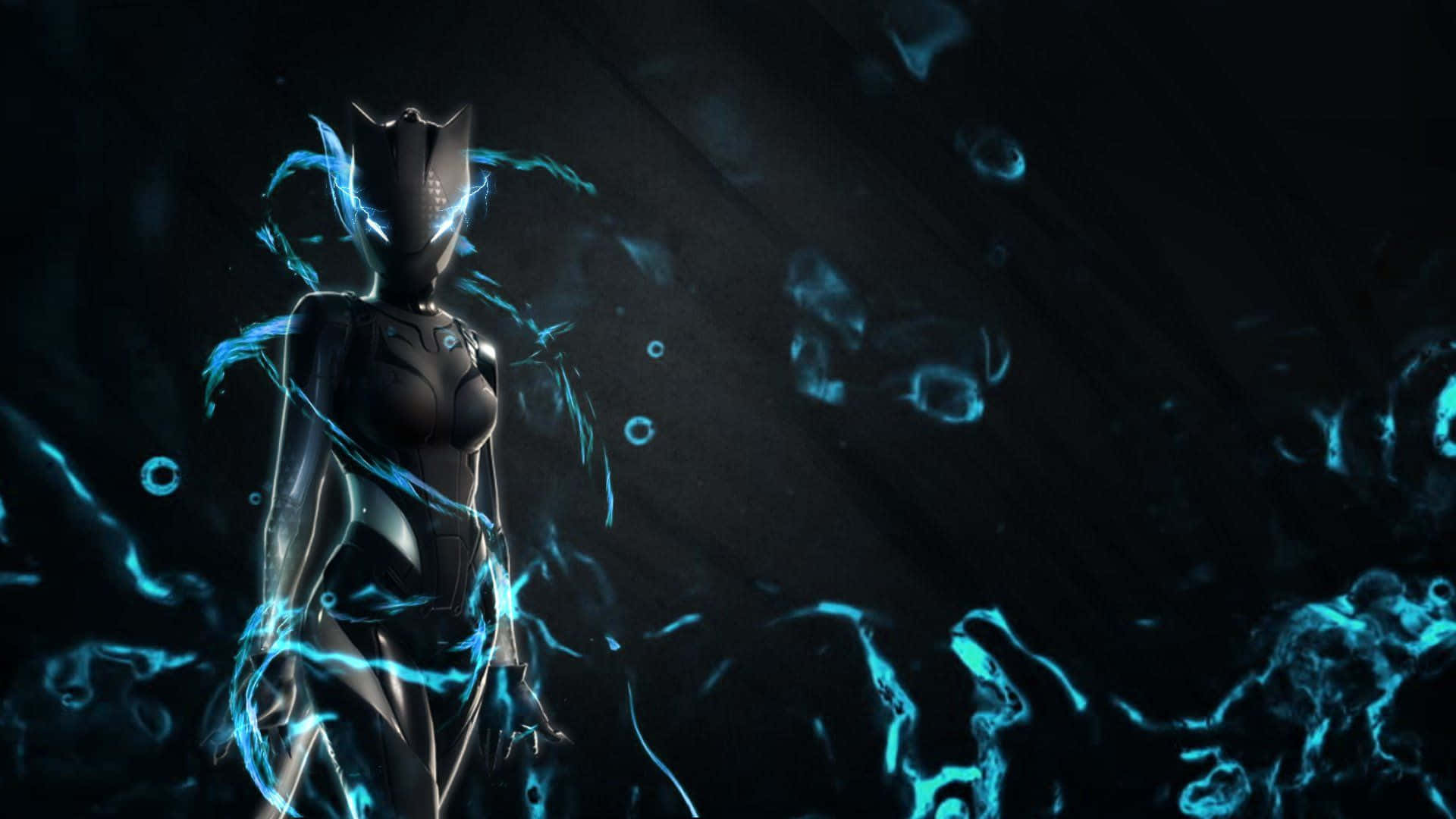 Lynx Fortnite, futuristic armored figure, glowing blue energy tendrils, Full HD Desktop Wallpaper