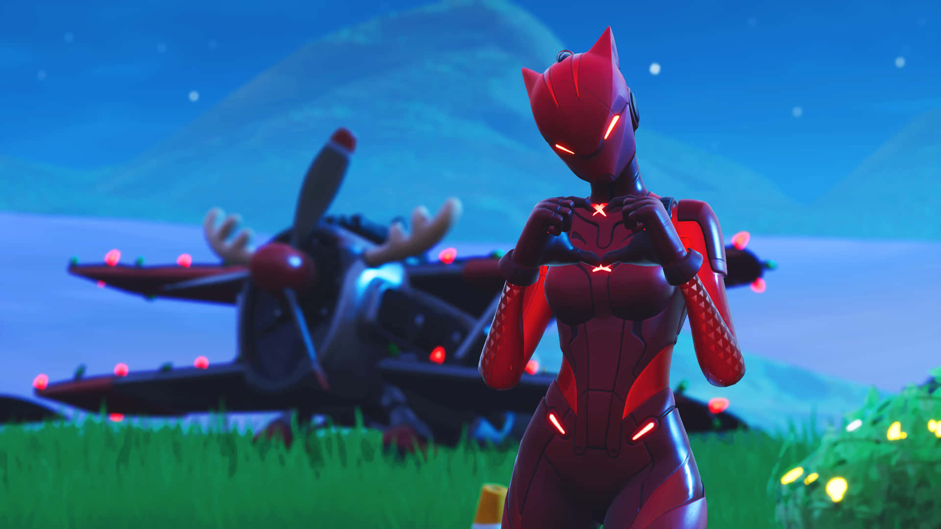 Lynx Fortnite, red armored cat-like character, heart with glowing hands, Full HD Desktop Wallpaper