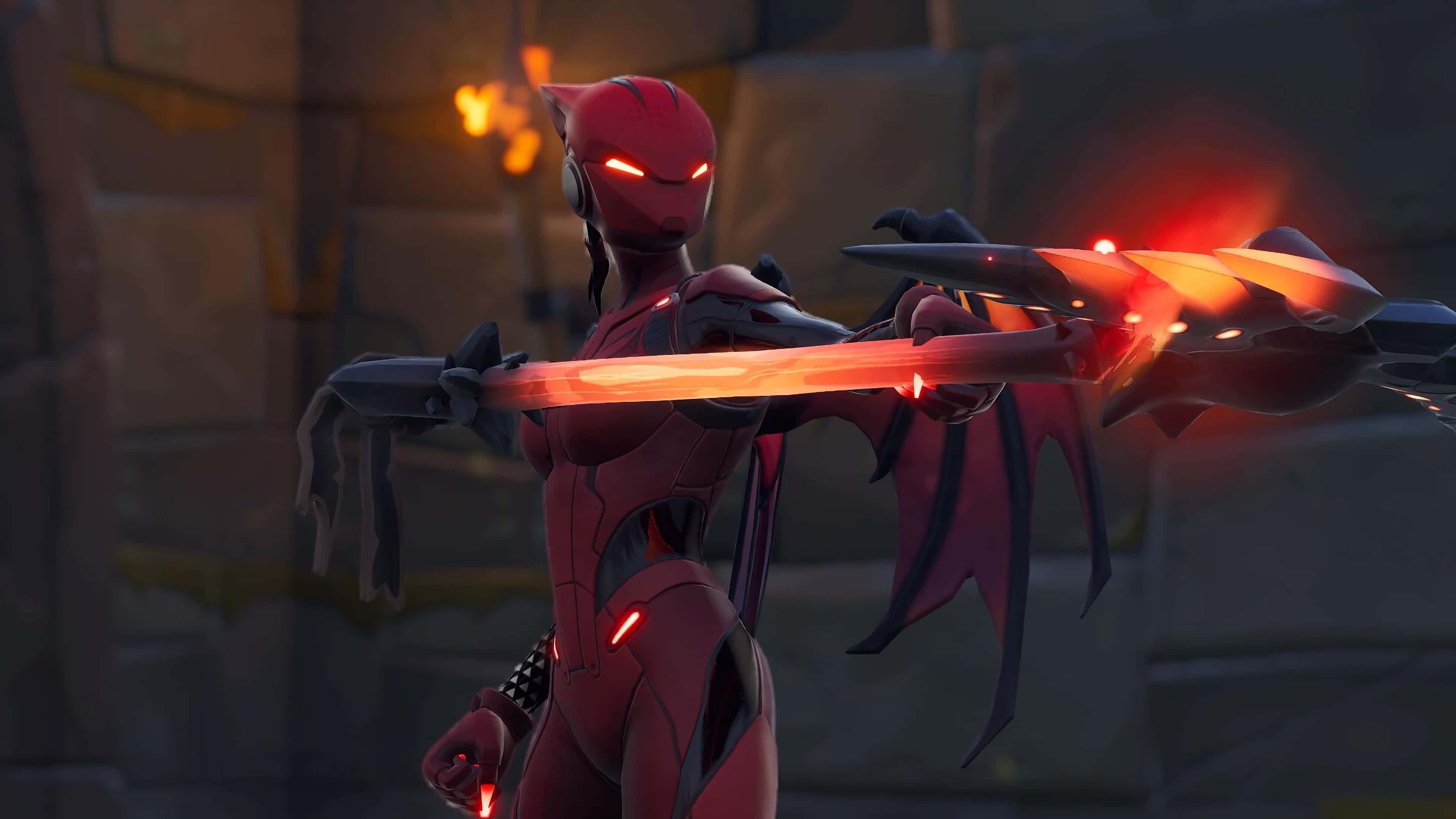 Lynx Fortnite, red armored female warrior, glowing eyes, 4K Desktop Wallpaper