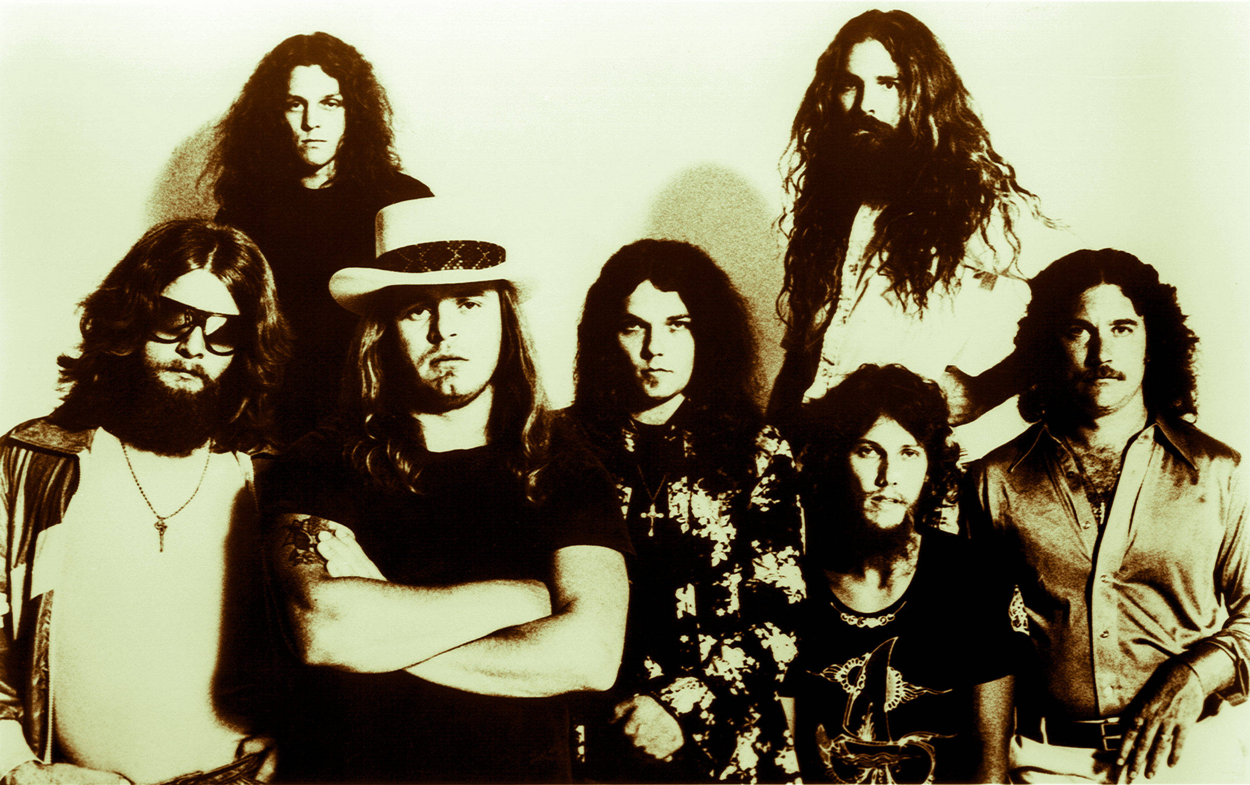 Lynyrd Skynyrd, former members, sepia-toned studio portrait, 2K Desktop Wallpaper