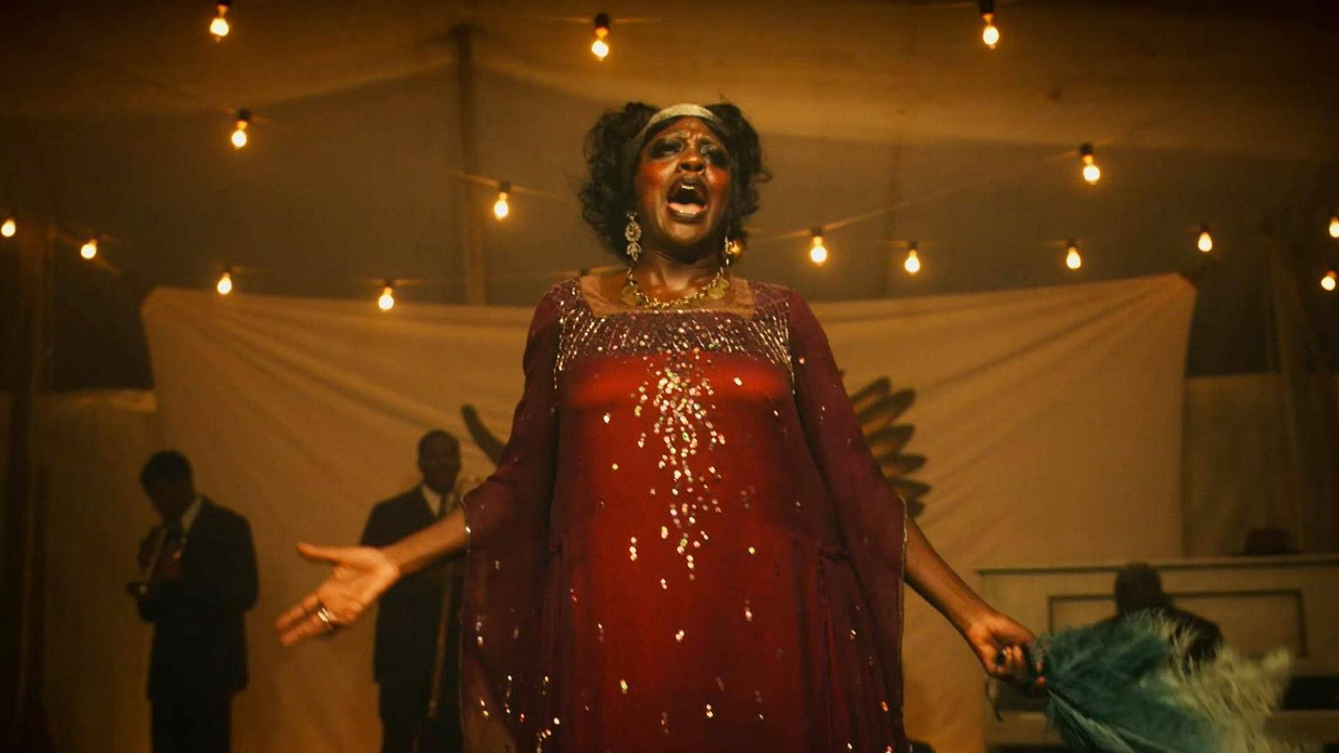 Ma Rainey, sparkling red gown, string lights, Full HD Desktop Wallpaper