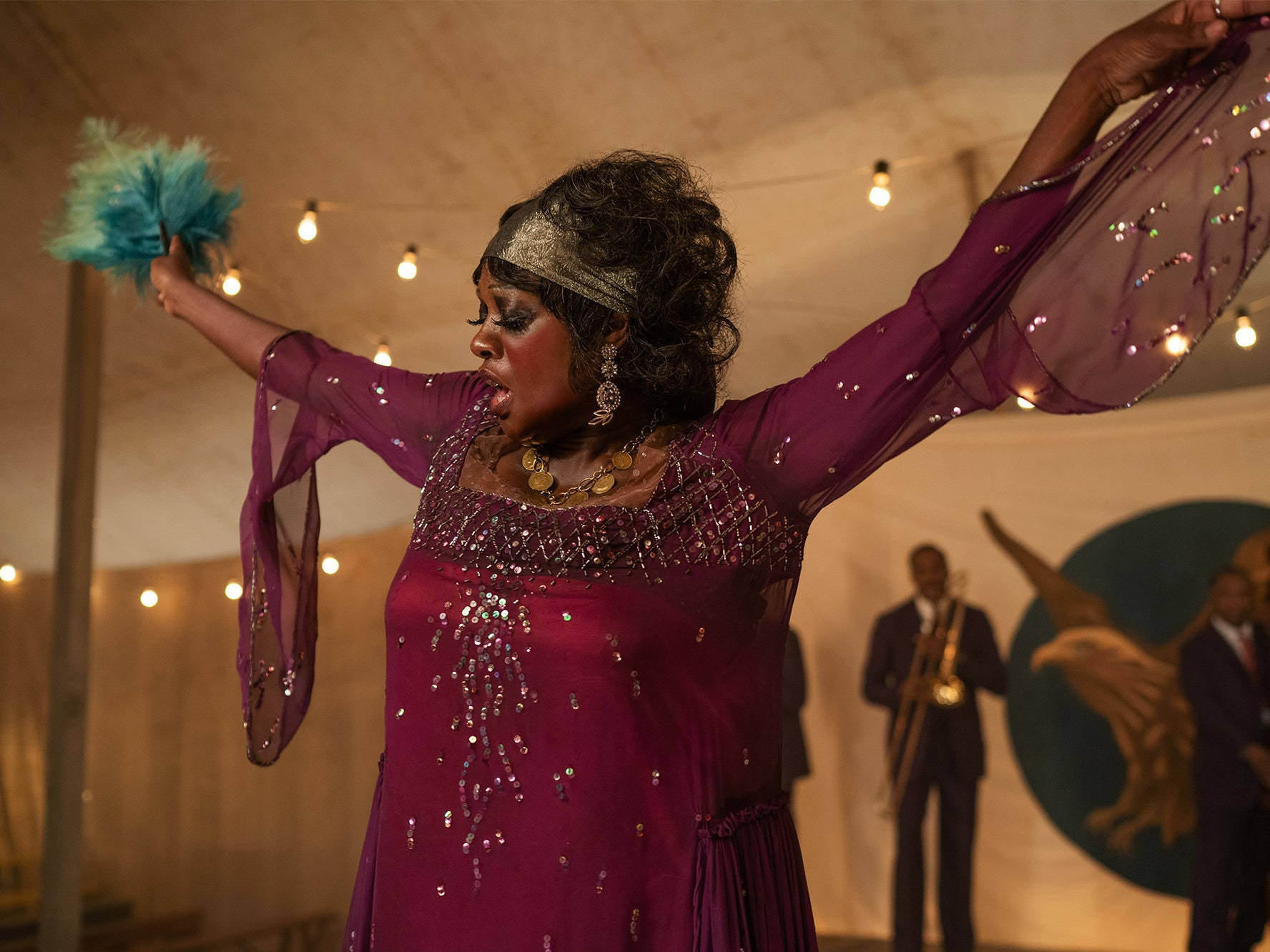 Ma Rainey, sparkling purple gown, string lights, HD Desktop Wallpaper