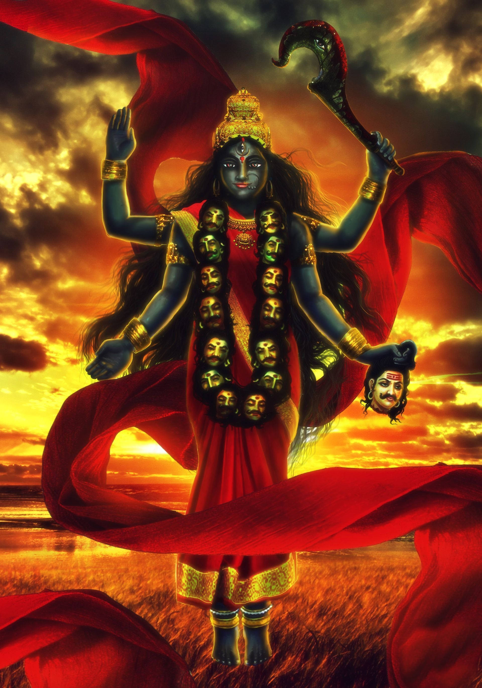 Maa Kali, red ribbon, orange sky, 2K Phone Wallpaper