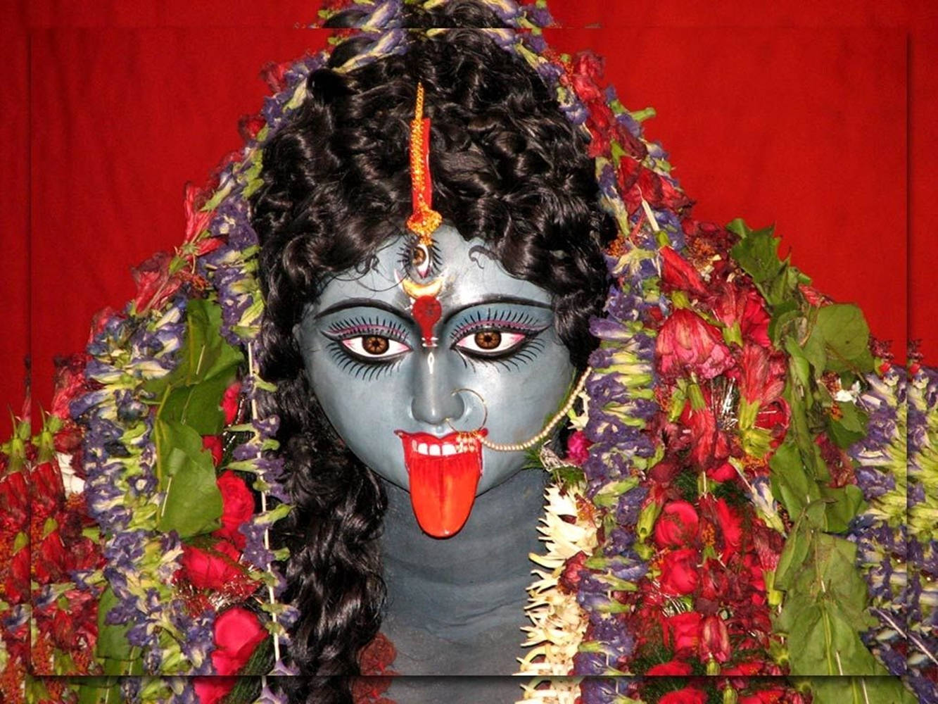 Maa Kali, red aesthetic wall, vivid blue-skinned deity, HD Desktop Wallpaper