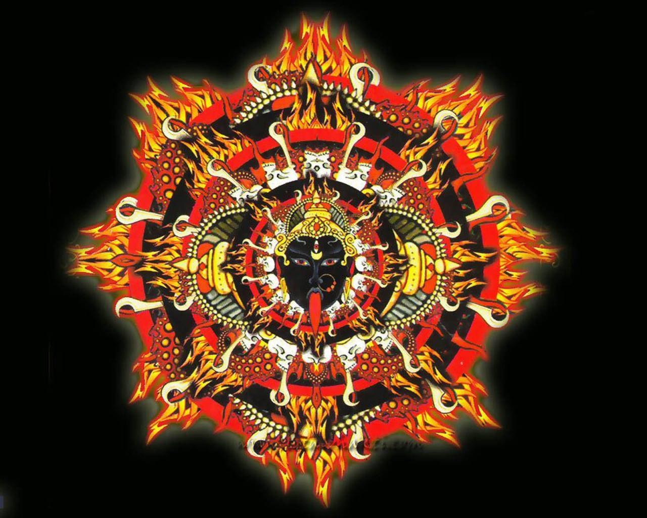 Maa Kali, fiery mandala, central dark deity face, HD Desktop Wallpaper