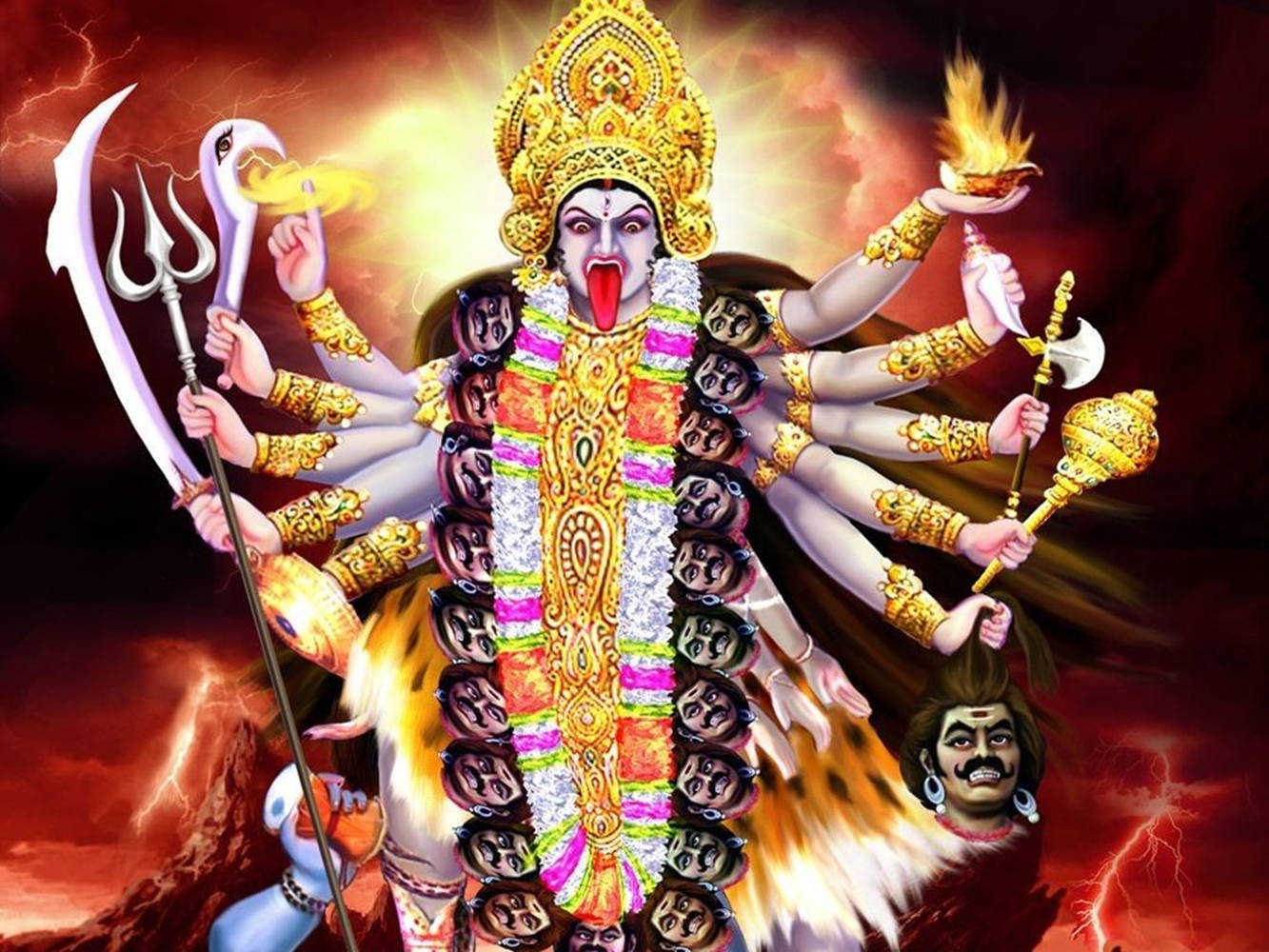 Maa Kali, multiple arms, fiery crown, HD Desktop Wallpaper