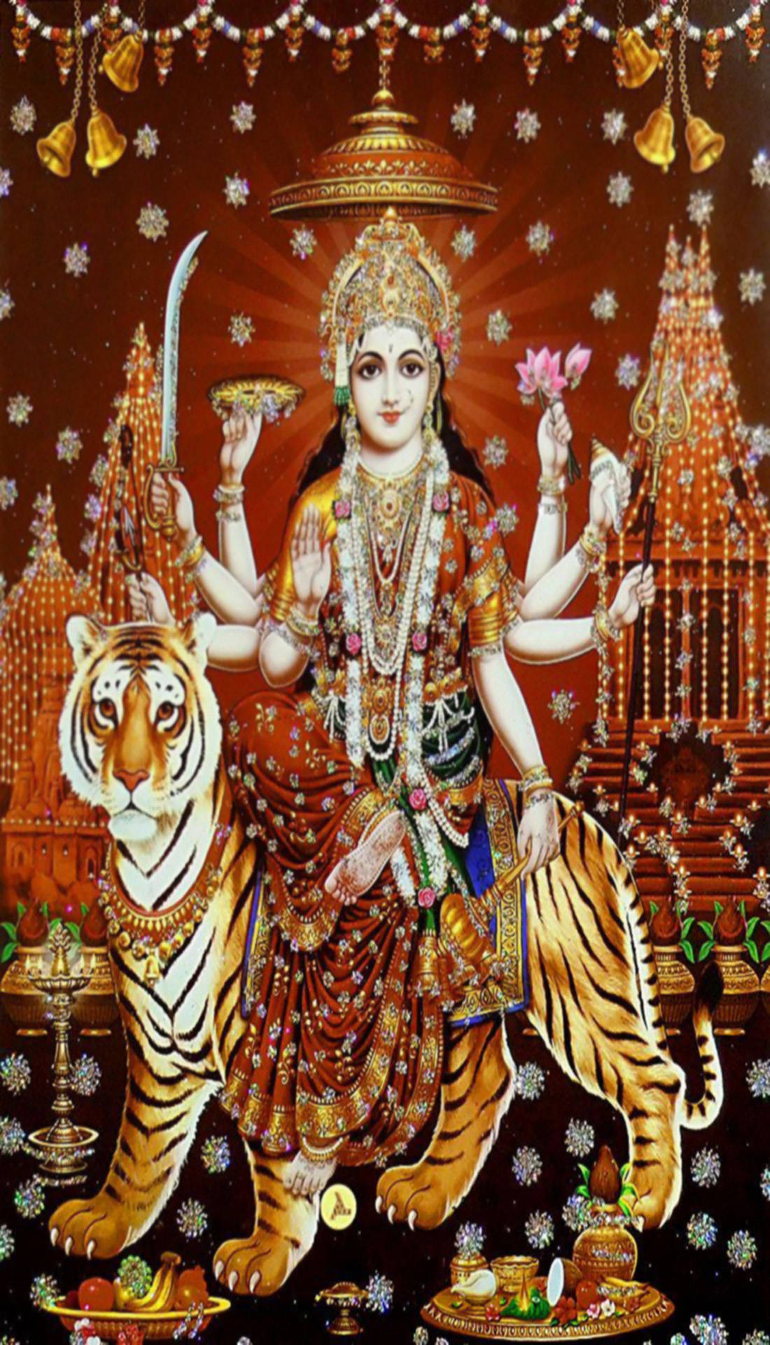 Maa Sherawali, gold jewelry, tiger, Full HD Phone Wallpaper