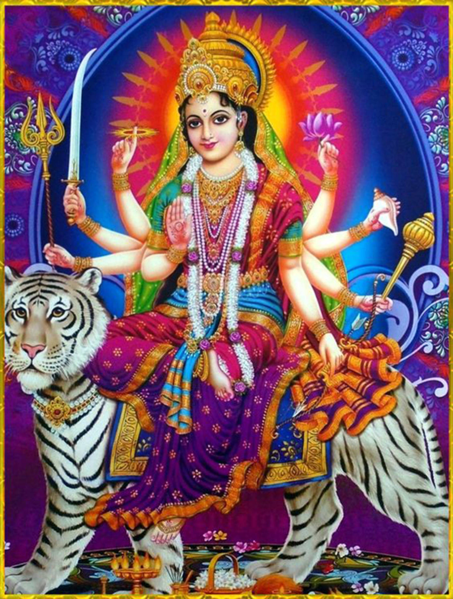 Maa Sherawali, white tiger, cosmic mandala backdrop, Full HD Phone Wallpaper