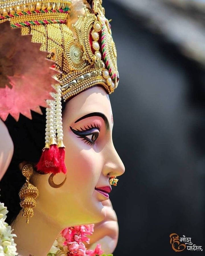 Maa Sherawali, marble statue, golden crown, SD Phone Wallpaper