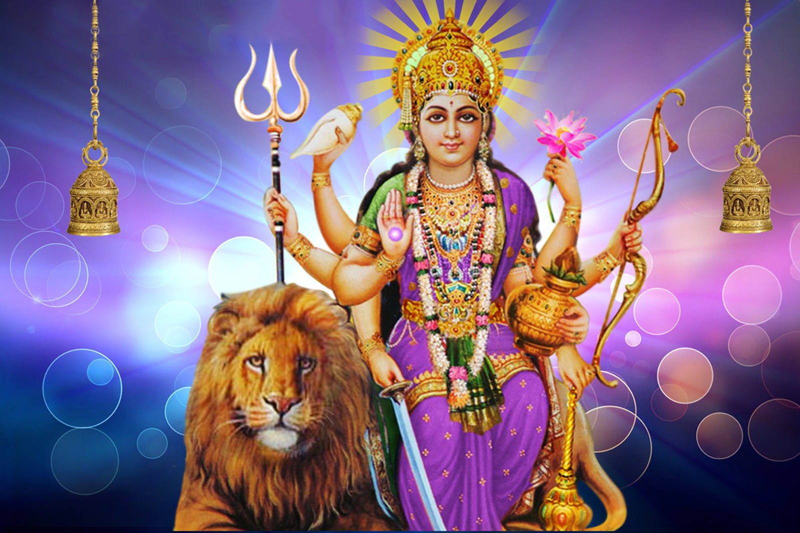 Maa Sherawali, purple attire, divine weapons, HD Desktop Wallpaper