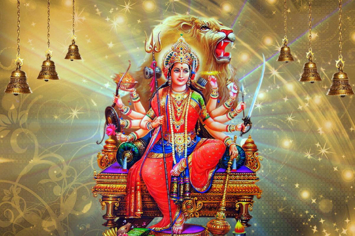 Maa Sherawali, Hindu goddess, golden throne, HD Desktop Wallpaper